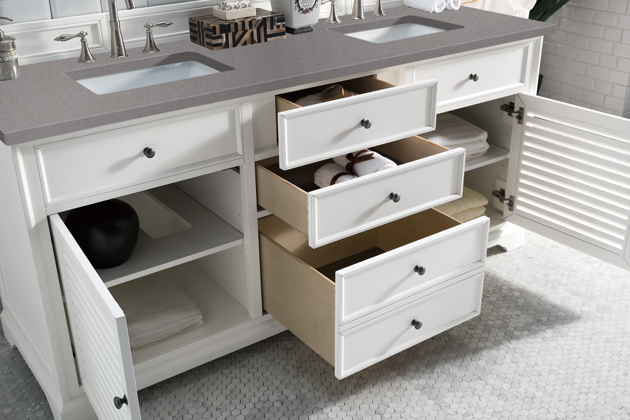 Savannah 72 Inch Double Vanity Cabinet with 3CM Grey Expo Quartz Top - Bright White Bathroom Vanity for Modern Master Bath & Guest Bathroom Renovation