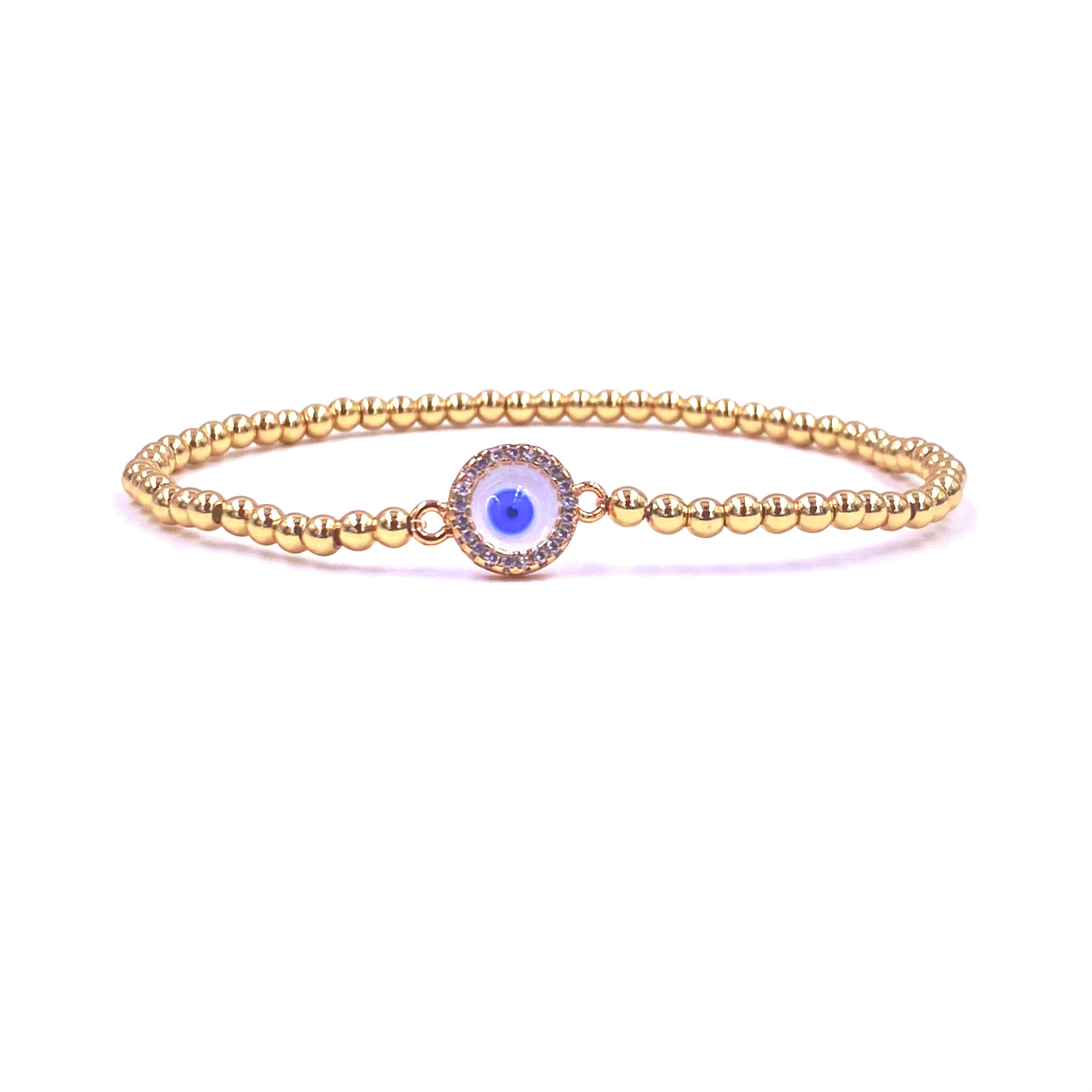 Ashley Gold Stainless Steel Evil Eye Bracelet - Gold Plated Stretch Beaded CZ Enamel Charm Bracelet for Women - Perfect for Protection, Fashion & Boho Style Jewelry