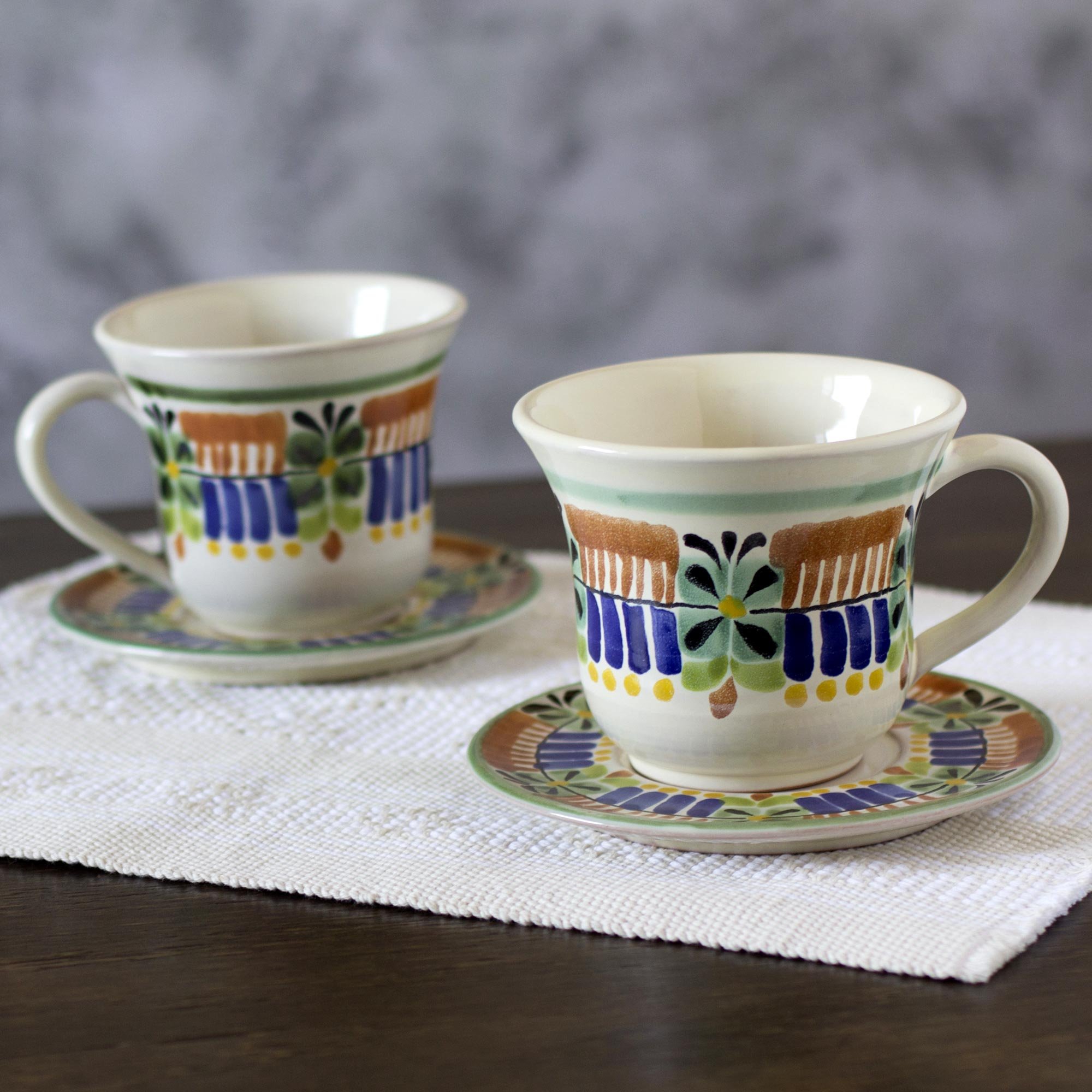 NOVICA Acapulco Floral Ceramic Tea Cup and Saucer Set - 17 Oz (2 Pieces) - Handcrafted Mexican Pottery for Afternoon Tea, Coffee, or Home Decor