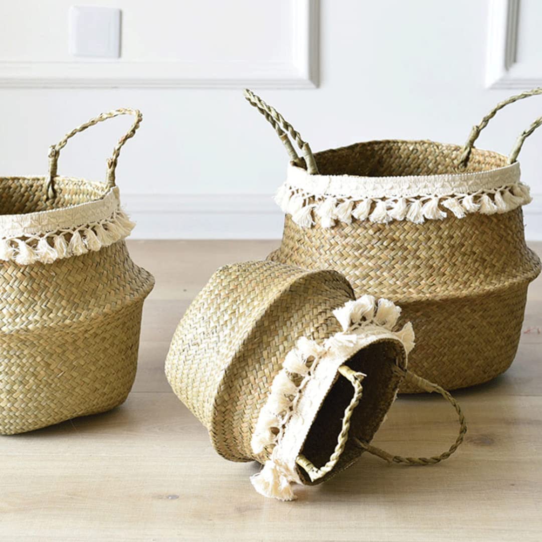 Natural Seagrass Woven Basket with Handles - Foldable Plant Pot, Home Decor Storage Organizer for Laundry, Flowers & Organizing | Stylish White Tassel Accent | Perfect for Boho Home Decor, Bathroom Storage & Nursery Organization