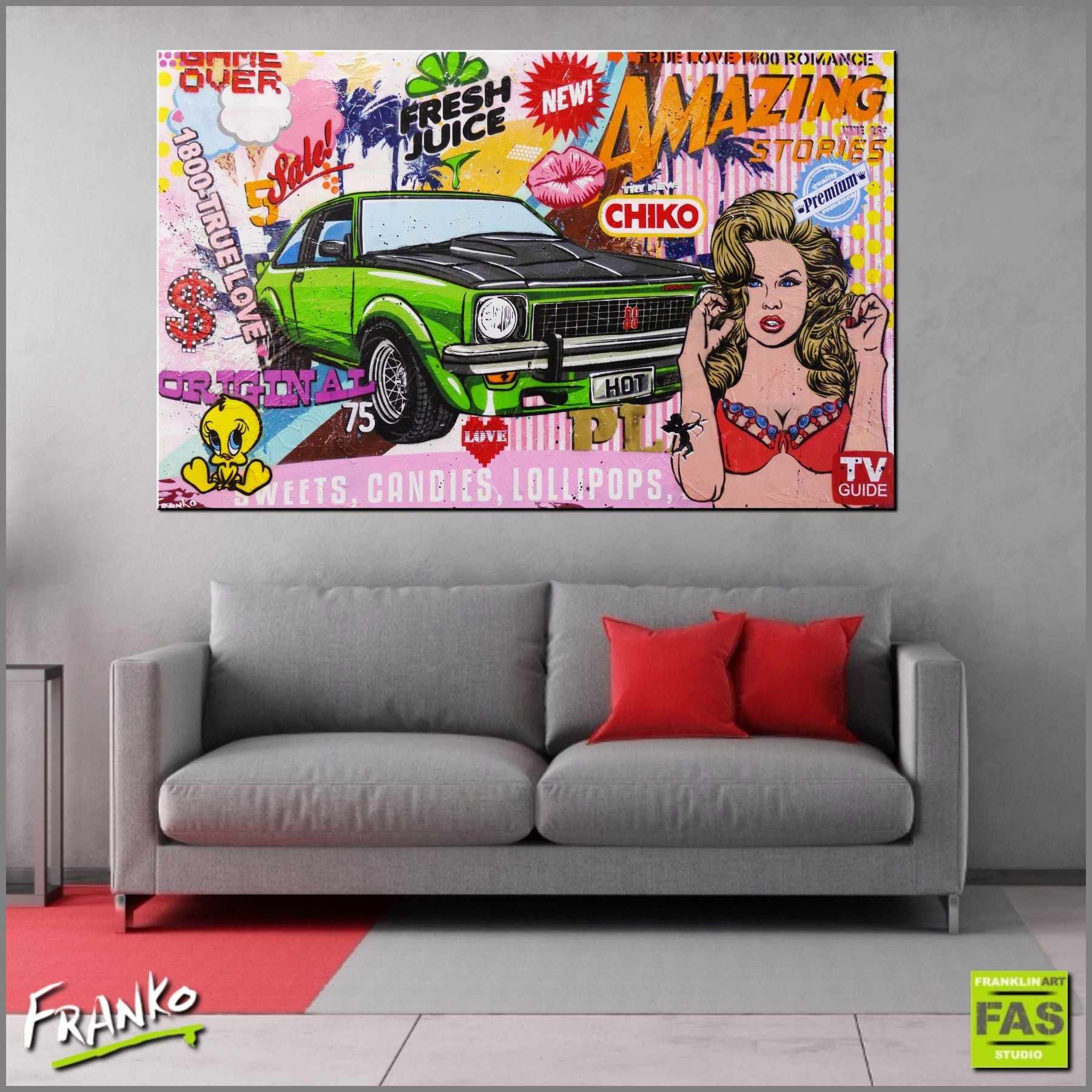 Vintage SS Torana Pop Art Painting 160cm x 100cm - Cars & Fresh Juice Theme - Perfect for Man Cave, Game Room or Retro Home Decor