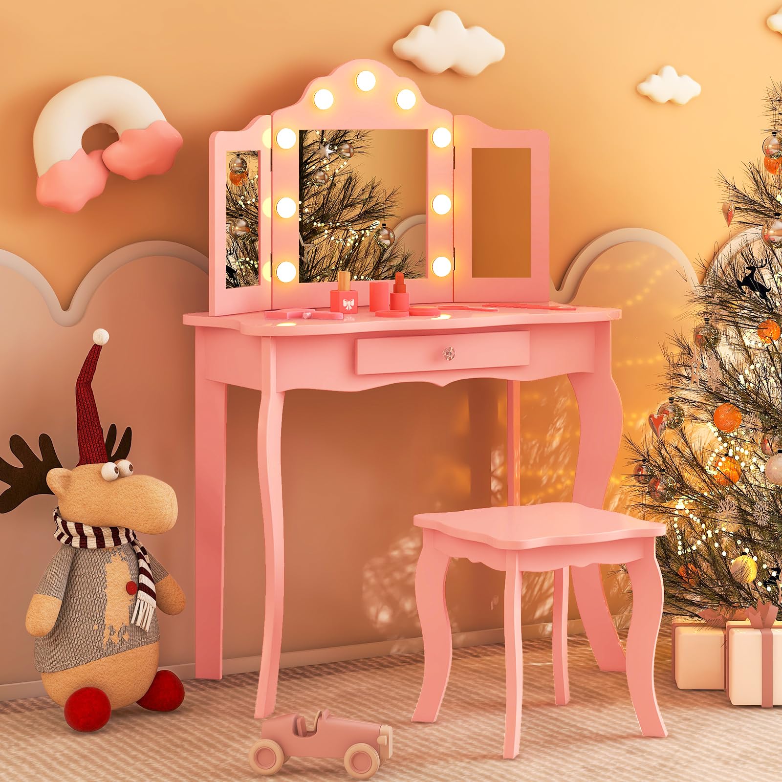 Costzon Kids Vanity Set with Mirror, Stool & Lights - Pink Wooden Princess Makeup Dressing Table with Drawer, 2-in-1 Toddler Vanity for Girls - Pretend Play, Birthday Gift & Bedroom Decor (Pink)