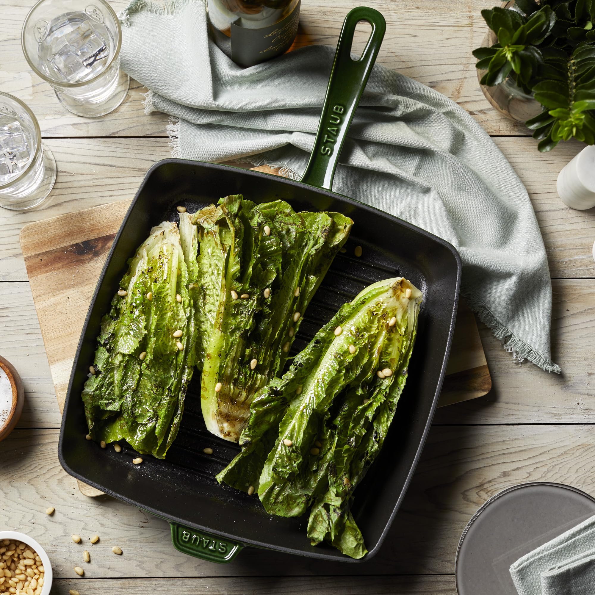 Staub 12-Inch Square Cast Iron Grill Pan - Basil Green | Pre-Seasoned, Heavy Duty, Even Heat Distribution | Perfect for Indoor & Outdoor Grilling, BBQ, Steaks, Vegetables