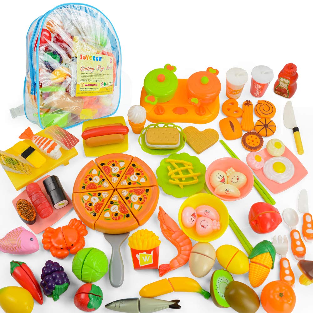 JoyGrow 70 PCS Pretend Play Food Set - Slicing Fruits, Vegetables, Sushi & Fast Food Toy for Kids - Educational Cutting Toys with Storage Backpack (Blue) - Perfect for Preschool Learning, Role Play & Kitchen Fun