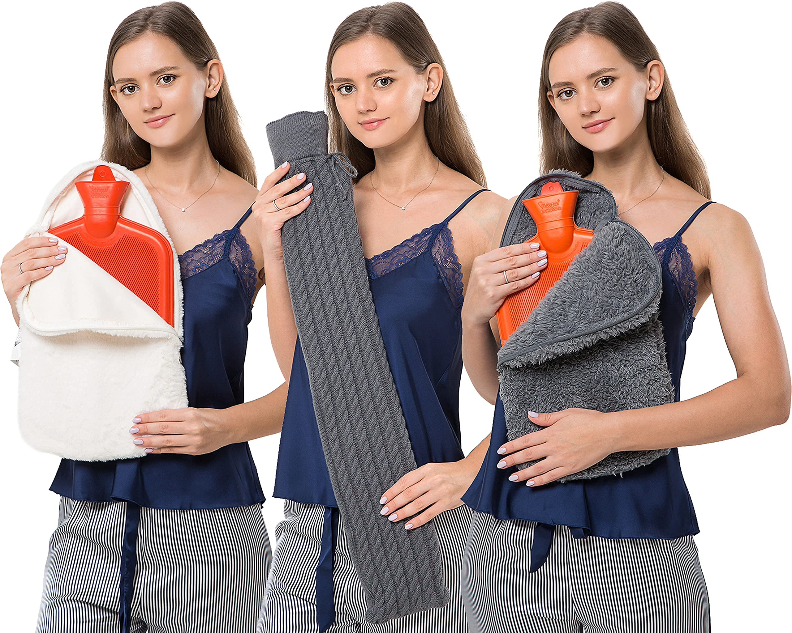 Peter Pan Rubber Hot Water Bottle Set - 3-Piece Family Gift Pack with Teddy Charcoal & Knit Cover | Extra Large Winter Warmth for Pain Relief, Cold Feet & Cozy Nights at Home