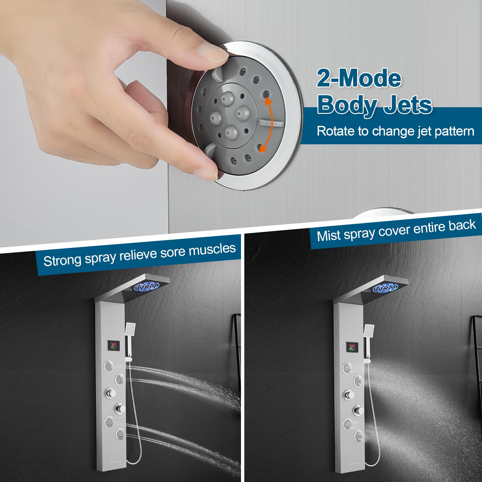 ROVOGO Stainless Steel LED Shower Panel Tower System - Rainfall Shower Head, Body Jets, Handheld Spray & Temperature Display | No Battery Needed | Luxury Bathroom Upgrade for Spa-Like Experience