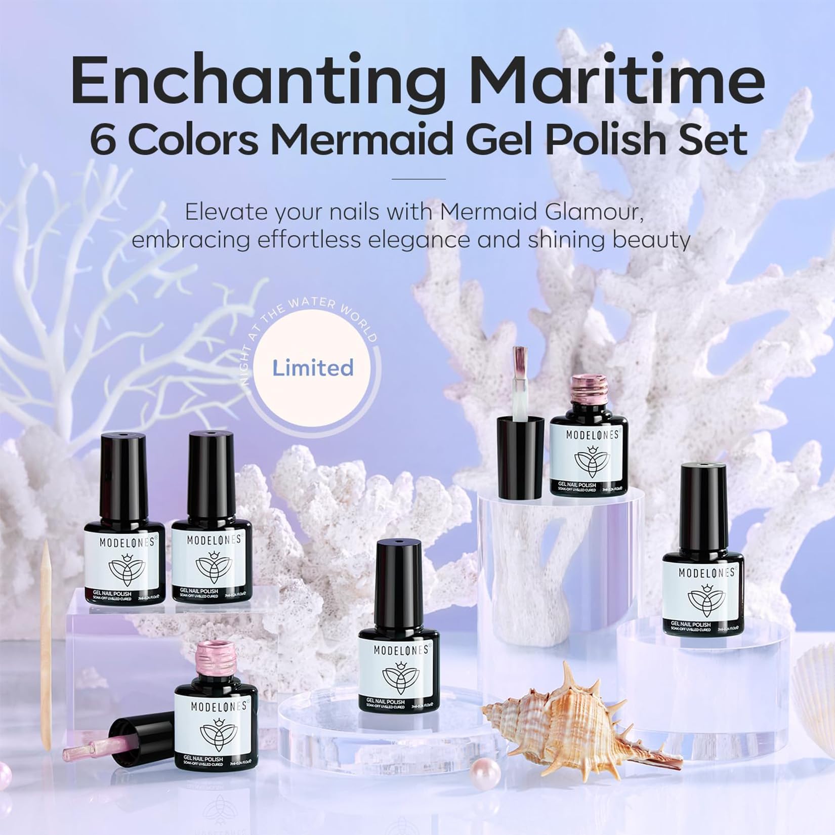 Modelones Pearl Gel Nail Polish Set - 6 Colors Aurora Iridescent Shimmer Nail Art Kit (White, Pink, Purple) for Mermaid & Shell Nail Designs | Soak Off LED/UV Glitter Gel Polish | Perfect for Easter DIY, Gift Giving & Professional Nail Salons