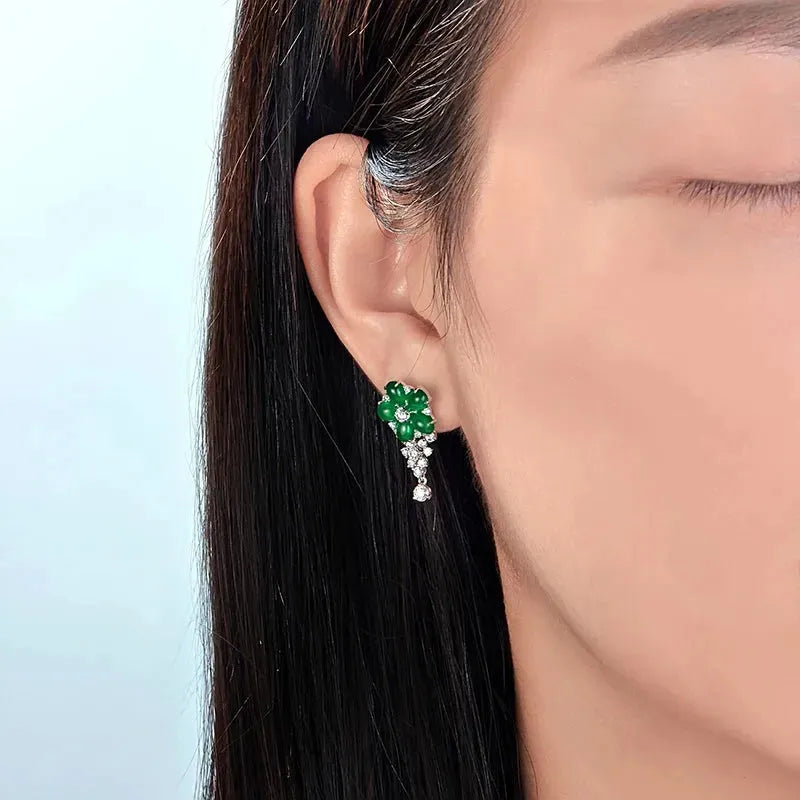 Natural 3.91ctw Cabochon Emerald & 1.0ct Brilliant Cut Diamond 18K Gold Flower Drop Earrings for Women | Elegant Jewelry Gift for Wedding, Anniversary & Special Occasions