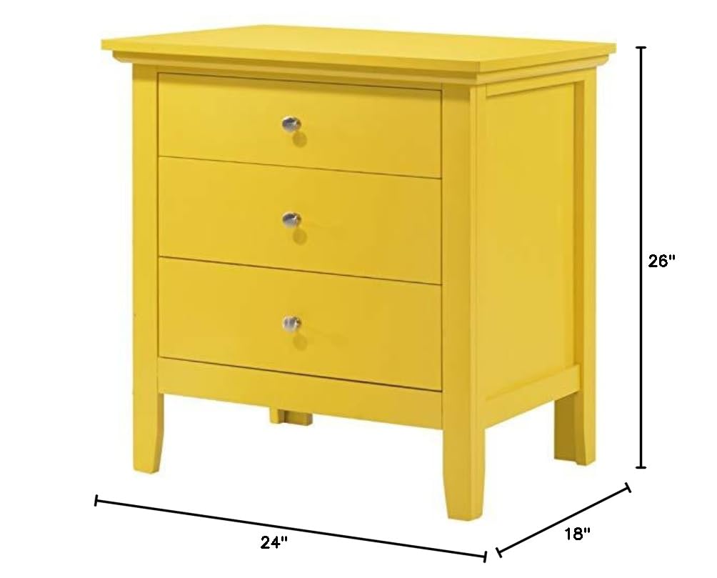 Pemberly Row Contemporary Solid Wood 3-Drawer Nightstand in Yellow - Modern Bedside Table for Bedroom, Living Room & Guest Room