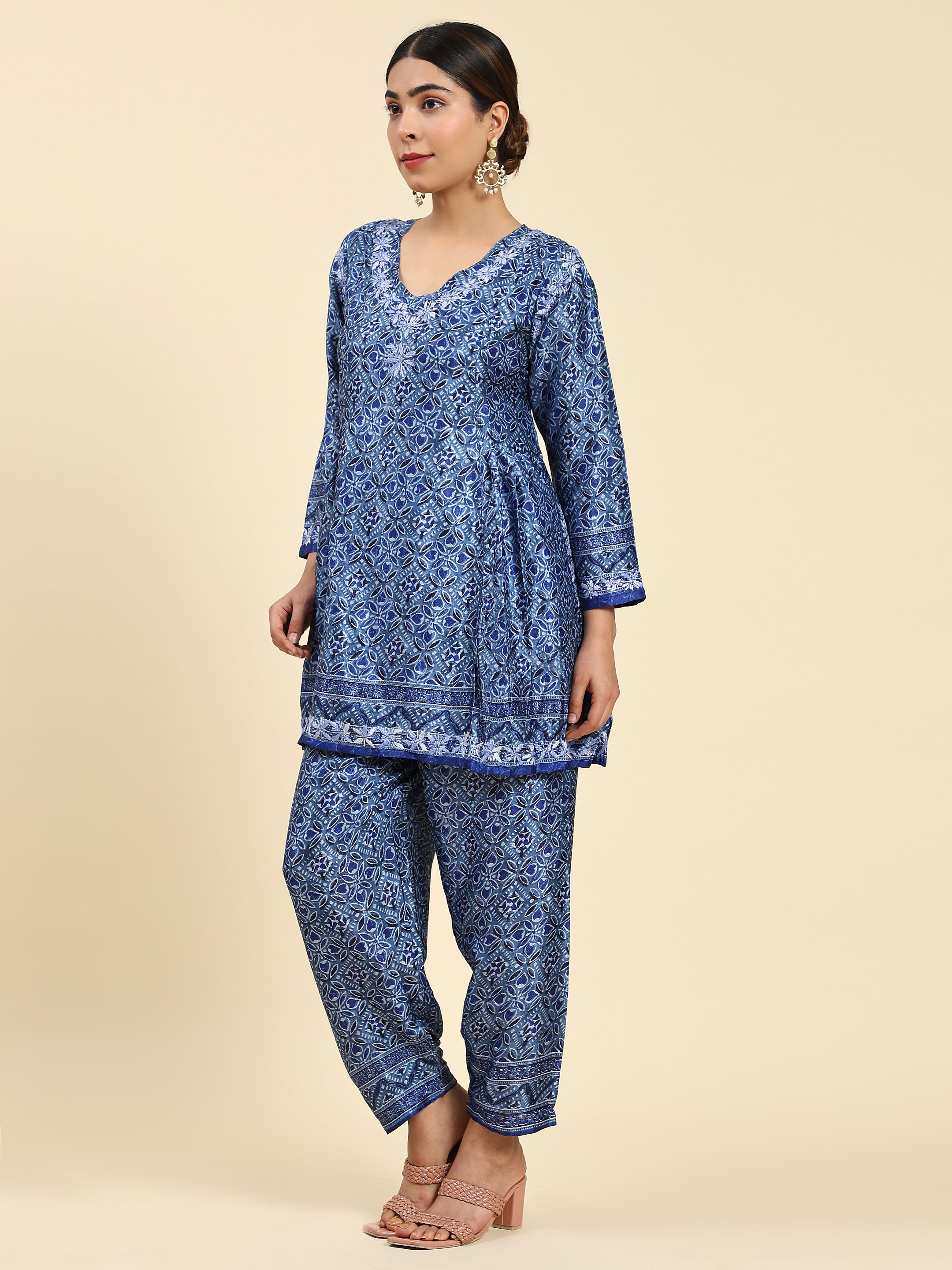 Elegant Chikankari Co-ord Set for Women in Blue Polysilk - Perfect for Festivals, Parties & Special Occasions