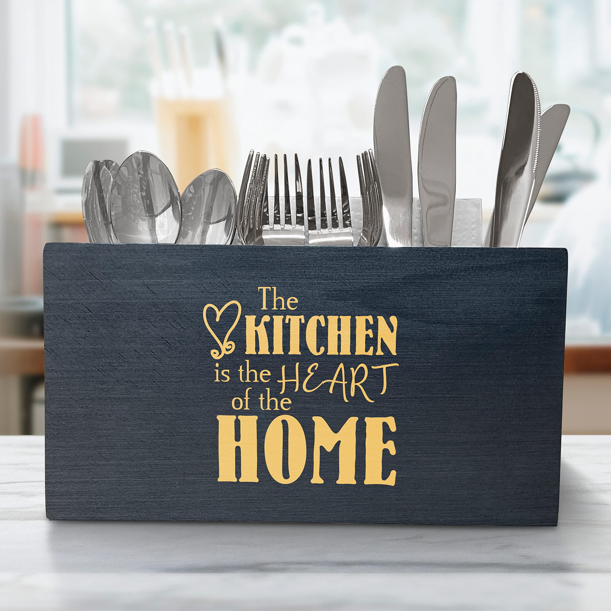Wooden Utensil Storage Box & Kitchen Organizer - Engraved Farmhouse Silverware Caddy for Flatware & Cooking Tools | Perfect for Farmhouse Kitchens, Housewarming Gifts & Countertop Organization
