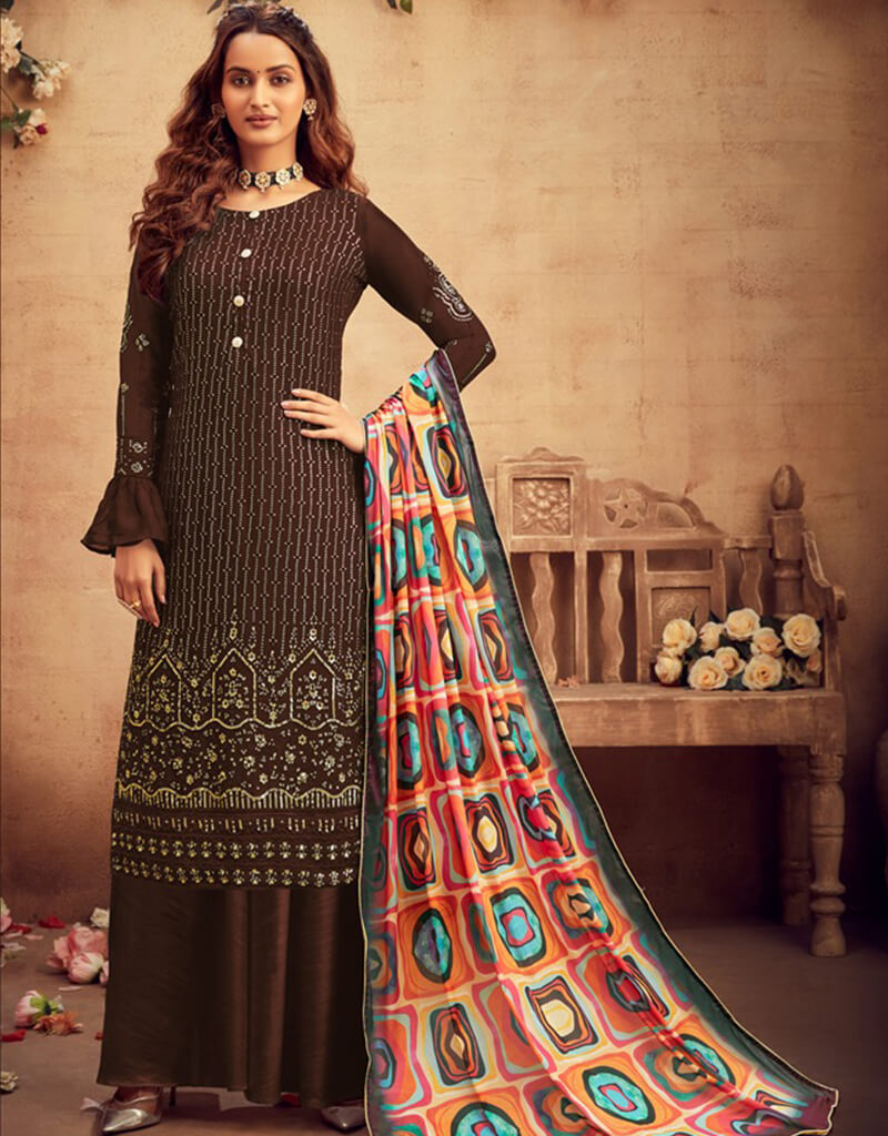 Elegant Brown Palazzo Style Suit - Faux Georgette Fabric for Women's Office Wear & Special Occasions