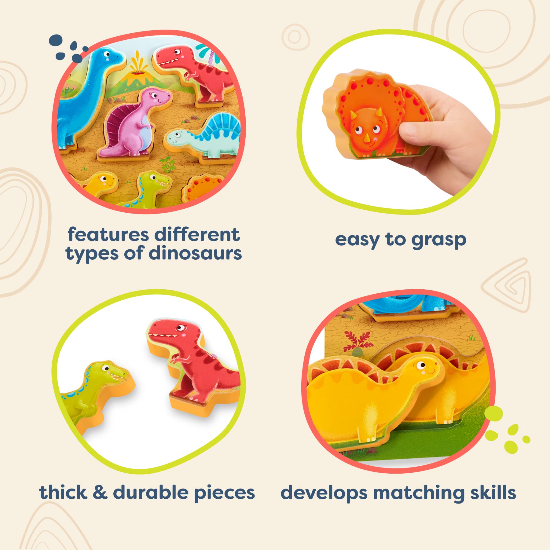 B. Toys Peek & Explore Dinosaur Wooden Puzzle - Chunky Toddler Puzzle for Kids Ages 2+ | Educational Developmental Toy for Fine Motor Skills | Dinosaur Theme Playroom & Preschool Learning Activity