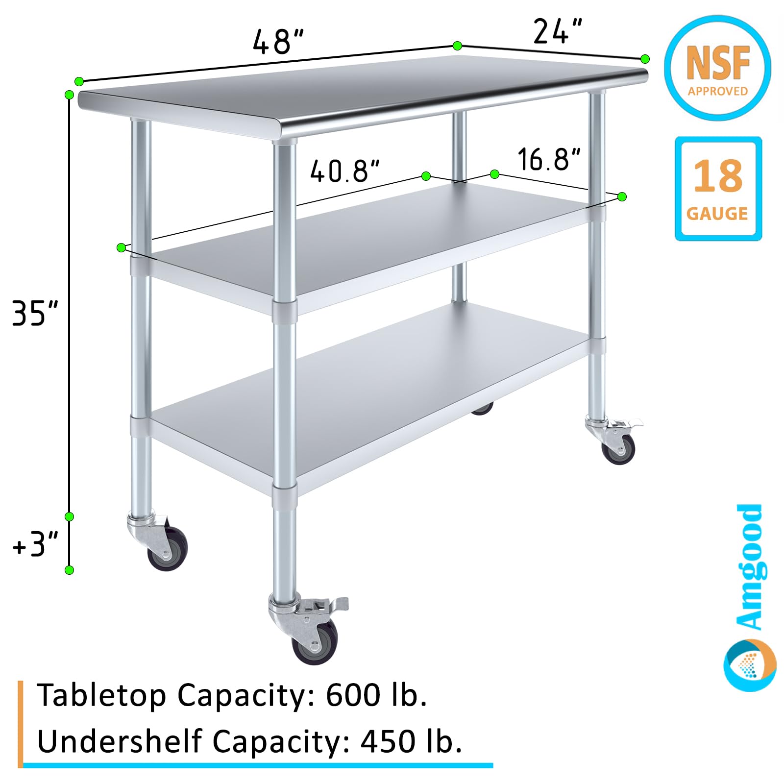 AmGood Stainless Steel Work Table with 2 Shelves & Wheels | Heavy Duty Metal Utility Table for Kitchen, Garage, Workshop (48