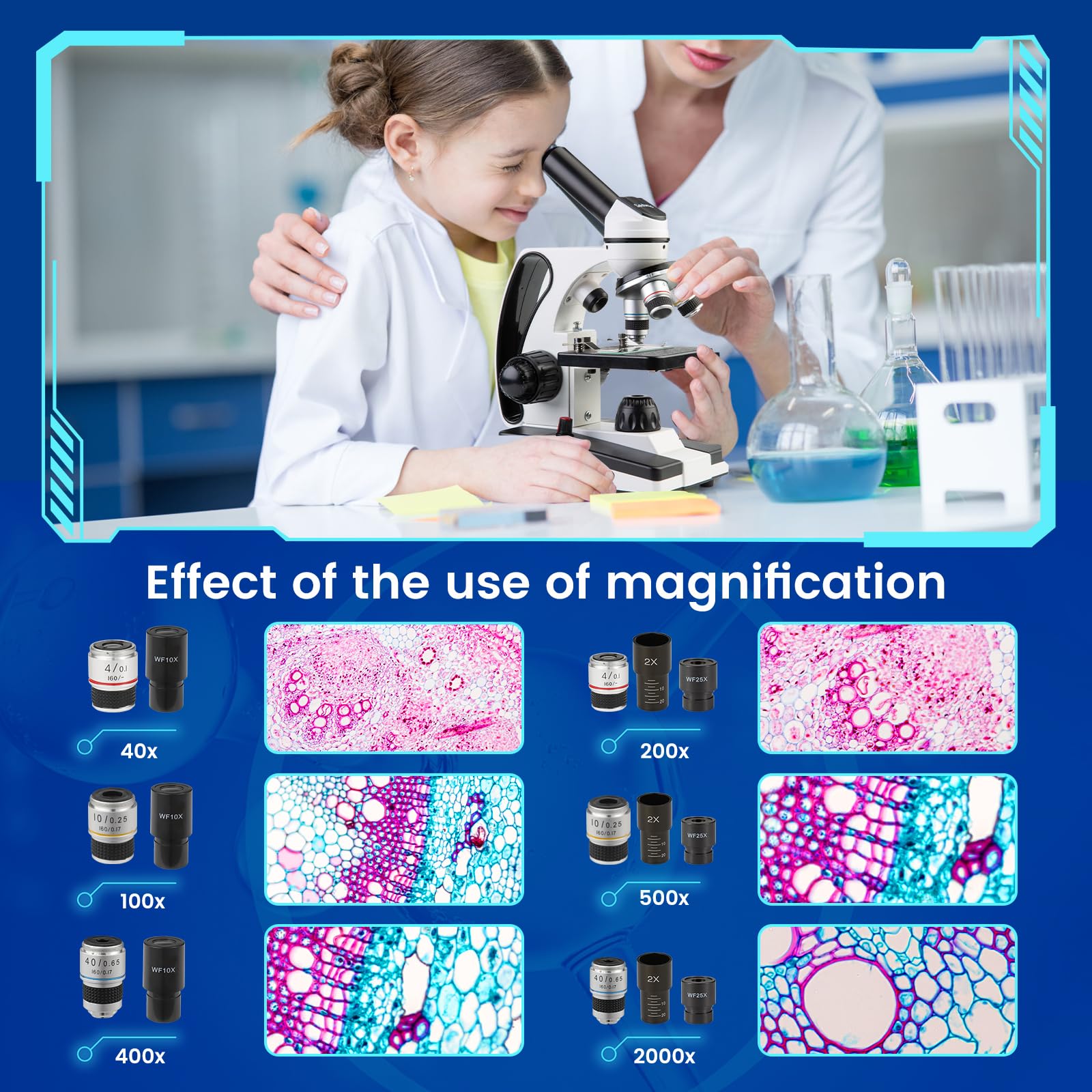 40X-2000X Compound Monocular Microscope for Adults & Kids - Professional Student Microscope for School Lab, Home Education with Slides Set & Phone Adapter - Perfect for Science Experiments, Biology Studies & STEM Learning