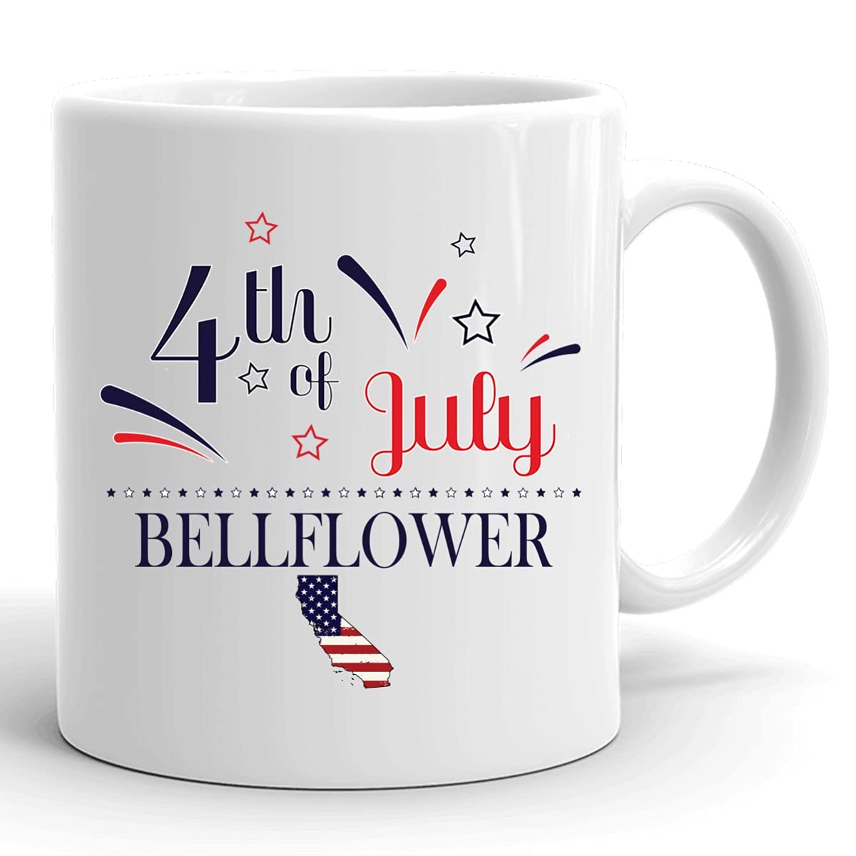 Personalized 11oz Coffee Mug with USA Flag - Custom Happy 4th of July Gift for Bellflower California - White Ceramic Cup for Home, Office & Independence Day Celebrations