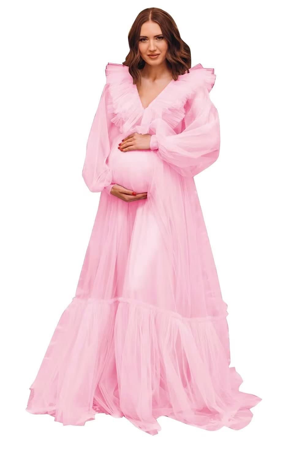 Elegant Tulle Ruffles Maternity Dress for Photoshoot - Puffy Long Sleeve V-Neck Baby Shower & Pregnancy Gown - Perfect for Maternity Photos, Bridal Showers, and Special Occasions