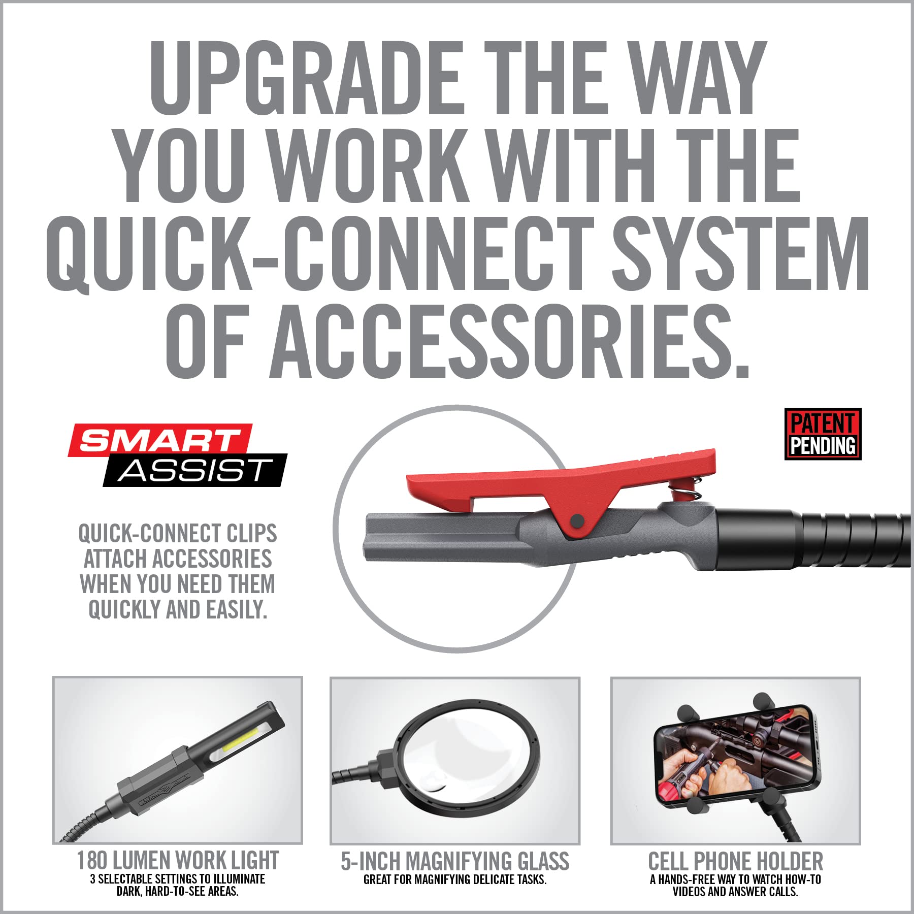 Real Avid Smart-Assist Accessory System - 180 Lumen Work Light, 5-Inch Magnifying Glass & Phone Holder | Perfect for Gunsmithing, DIY Repairs & Crafting Projects