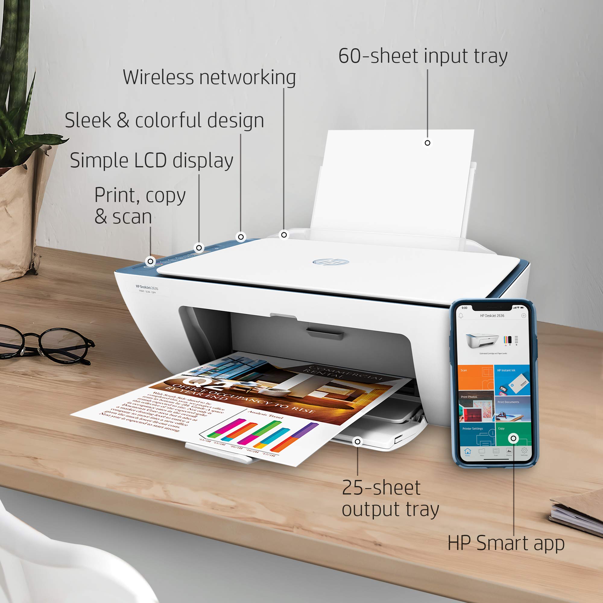 HP DeskJet 2636 Wireless All-in-One Color Inkjet Printer with Copy & Scan | HP Smart App Compatible | Blue (Renewed) | Perfect for Home Office, Small Business & Remote Work Printing Needs