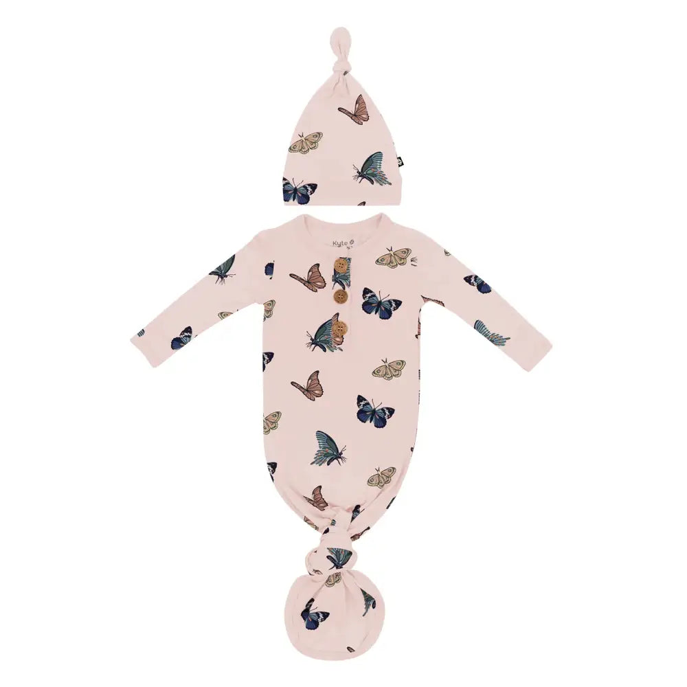 Kyte Baby Printed Knitted Gown with Hat Set - Soft Blush Butterfly Pattern | Newborn Baby Shower Gift & Hospital Going Home Outfit