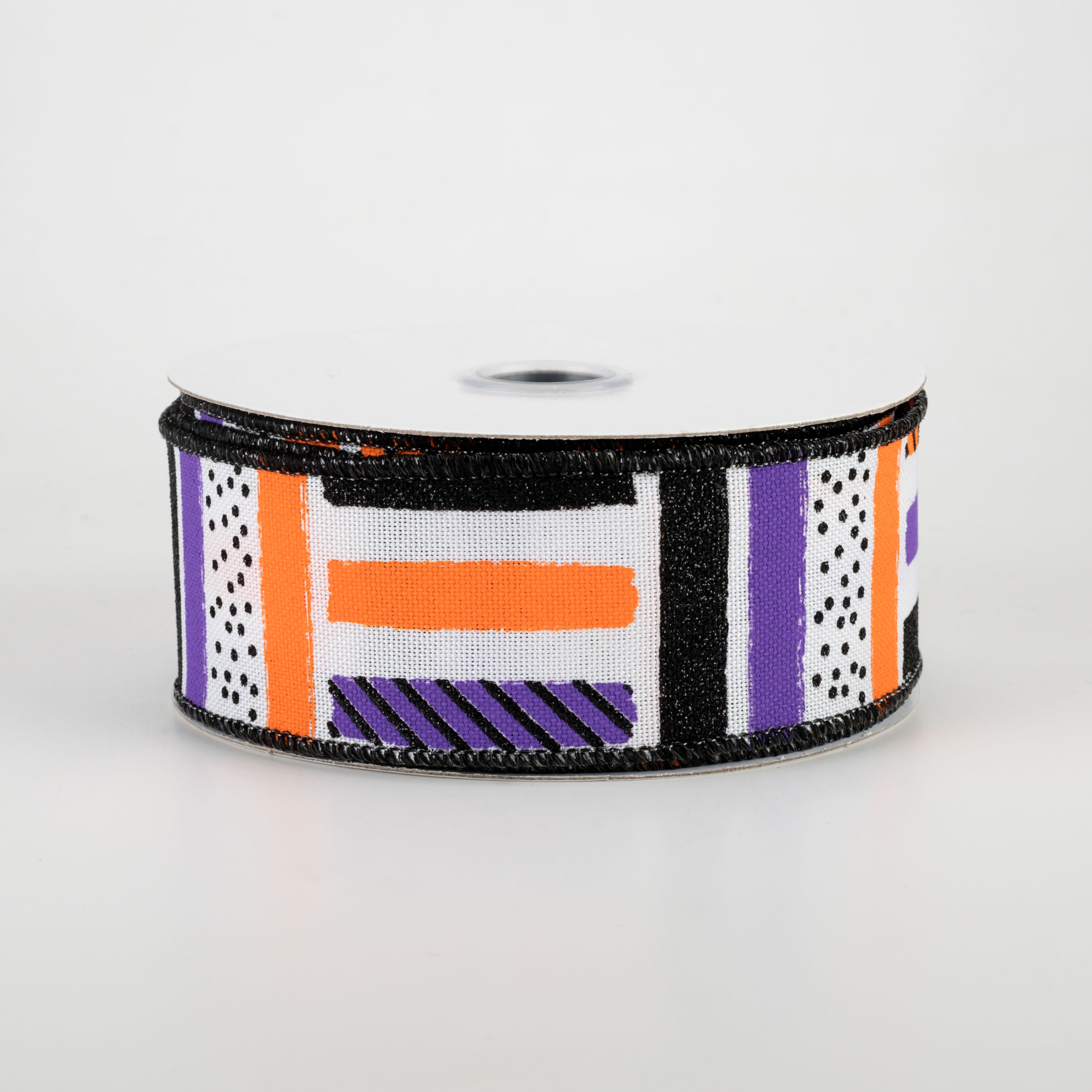 1.5 Inch Brush Stroke Stripes and Dots Ribbon - White, Black, Orange, Purple (10 Yards) - Perfect for Gift Wrapping, Scrapbooking, and DIY Crafts