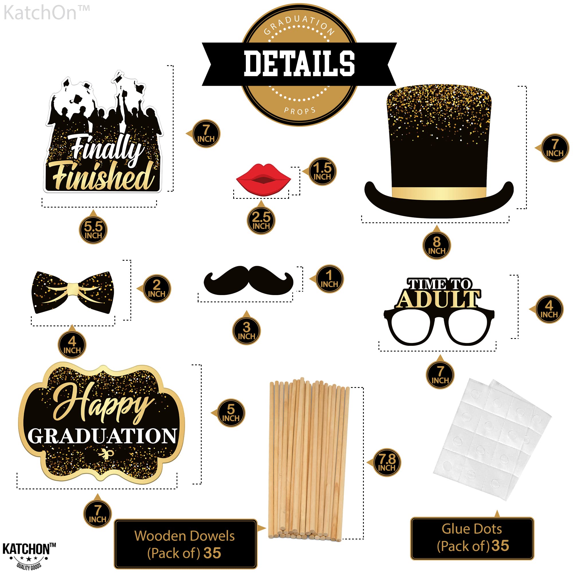 KatchOn 33-Piece Black & Gold Graduation Photo Booth Props Kit - Class of 2025 Decorations for Grad Parties, Commencement Celebrations & Senior Year Memories