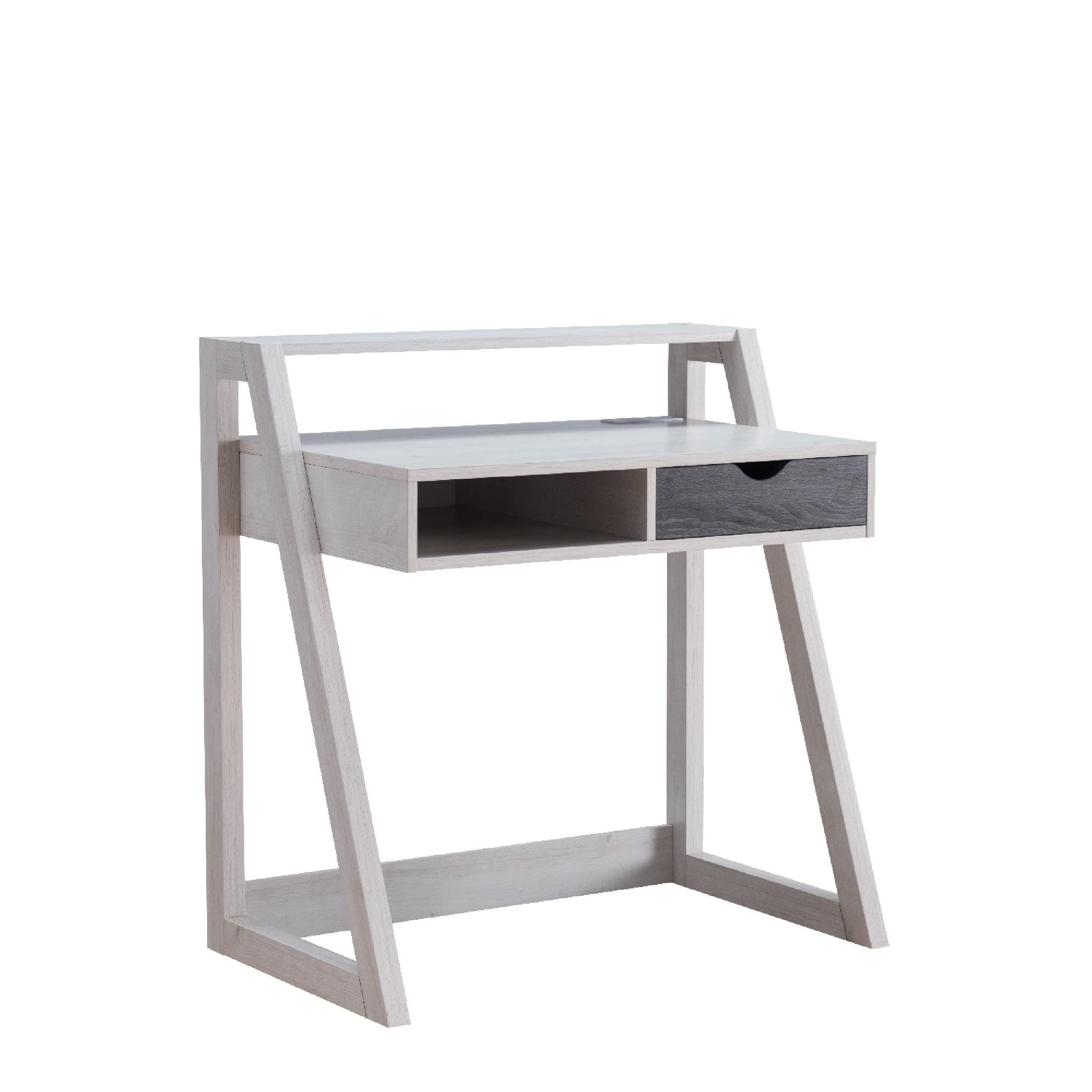Benjara 36 Inch White Ethan Writing Desk with 1 Drawer, Raised Shelf & Angled Frame - Perfect for Home Office, Study Room or Small Space Workstation