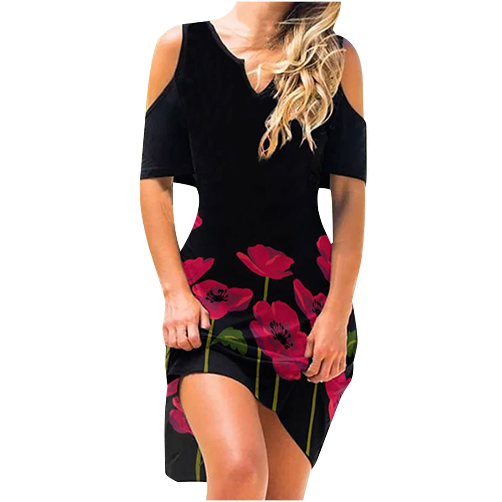 KUIOLYPOER Women's Summer Off Shoulder Dress - Floral Printed Short Sleeve V-Neck Swing Midi Dress for Casual & Elegant Occasions | Perfect for Beach Vacations, Date Nights & Summer Parties