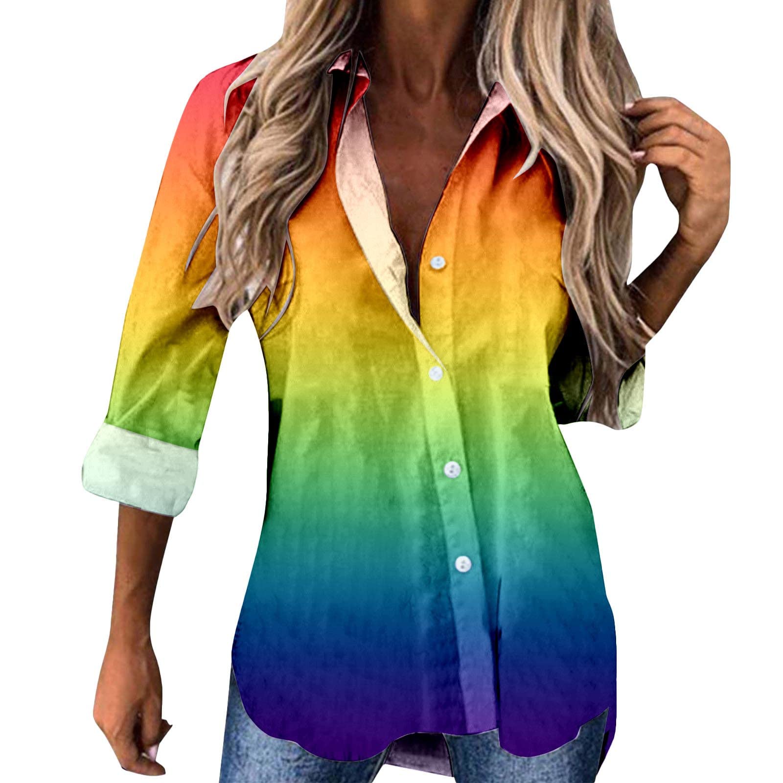 Aniywn Women's Long Sleeve Lapel Shirt with Colorful Gradient Print - Button Down Business Blouse for Office, Interview & Professional Wear