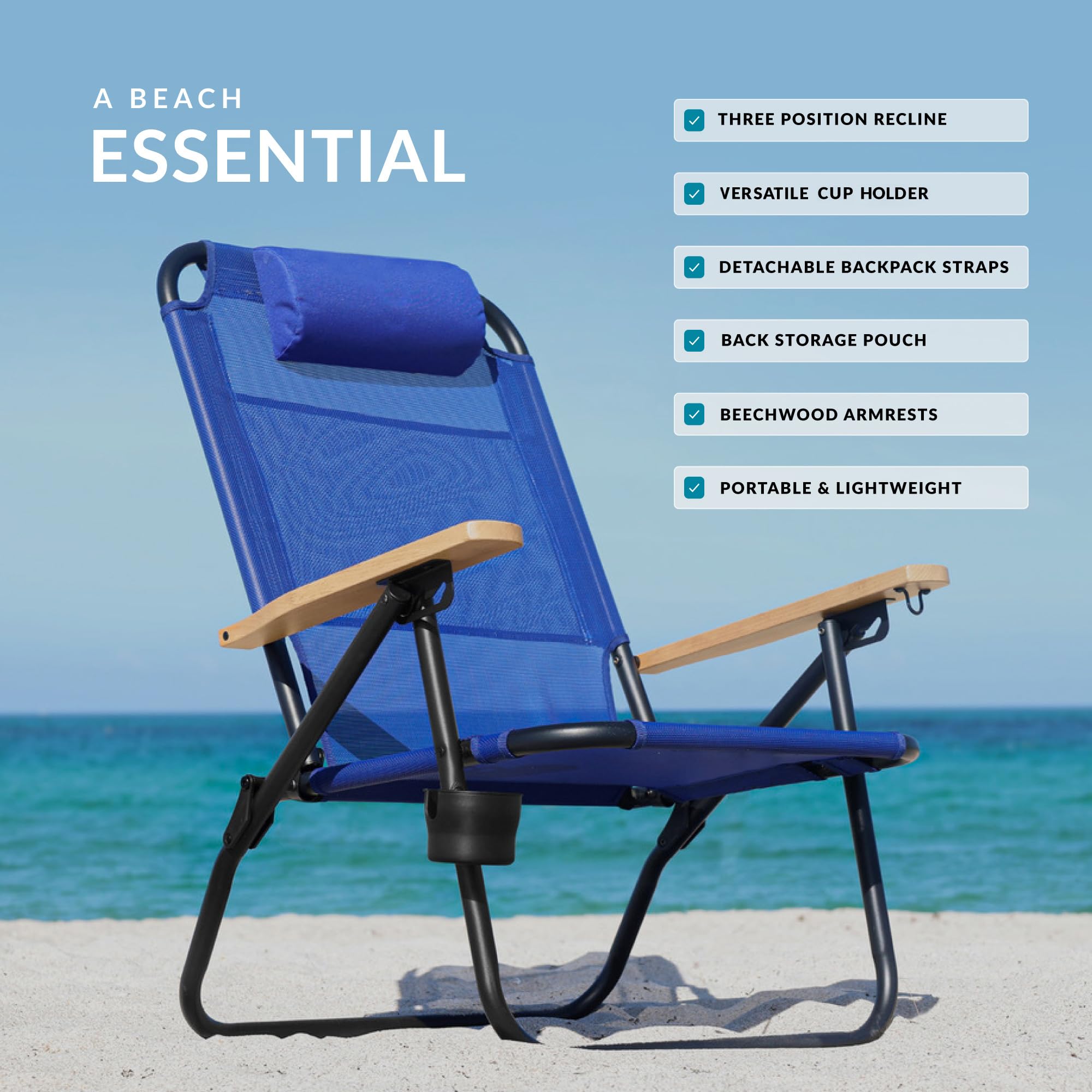 Water Buffalo Bondi Beach Chair – Portable Backpack Beach Chair for Adults with Adjustable Reclining Positions, Cup Holder & High Back Support – Perfect for Beach, Camping, Picnics & Outdoor Relaxation