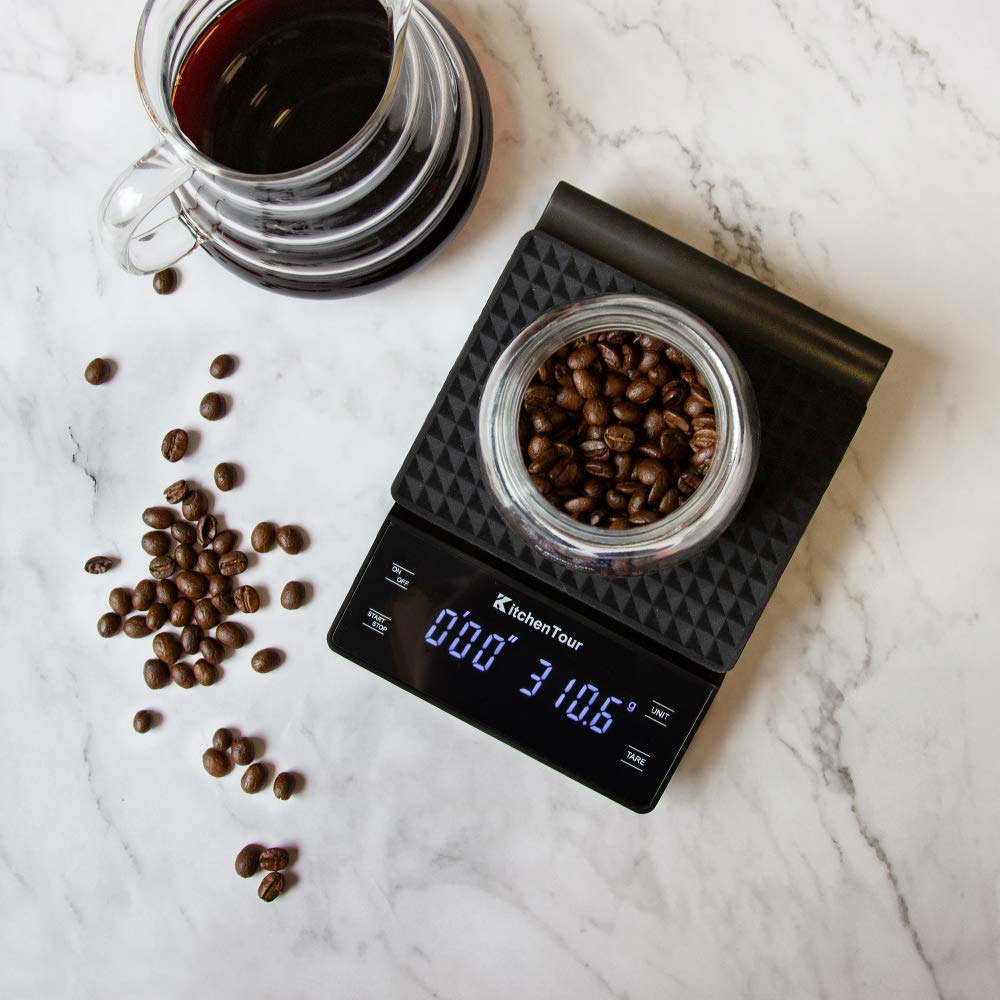 KitchenTour Digital Coffee Scale with Timer - 3kg/0.1g High Precision Pour Over & Espresso Scale, Backlit LCD Display (Batteries Included) - Perfect for Home Baristas, Coffee Shops & Brewing Enthusiasts
