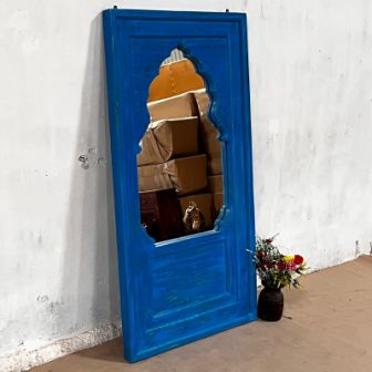 Handmade Indian Wooden Wall Mirror with Intricate Carvings - Blue Frame (80x50x150cm) for Living Room, Bedroom & Entryway Decor