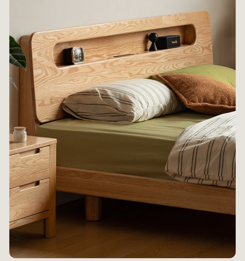 Solid Oak Wood Suspension Luminous Bed - Modern Floating Platform Bed with LED Lighting for Bedroom, Guest Room, or Dorm