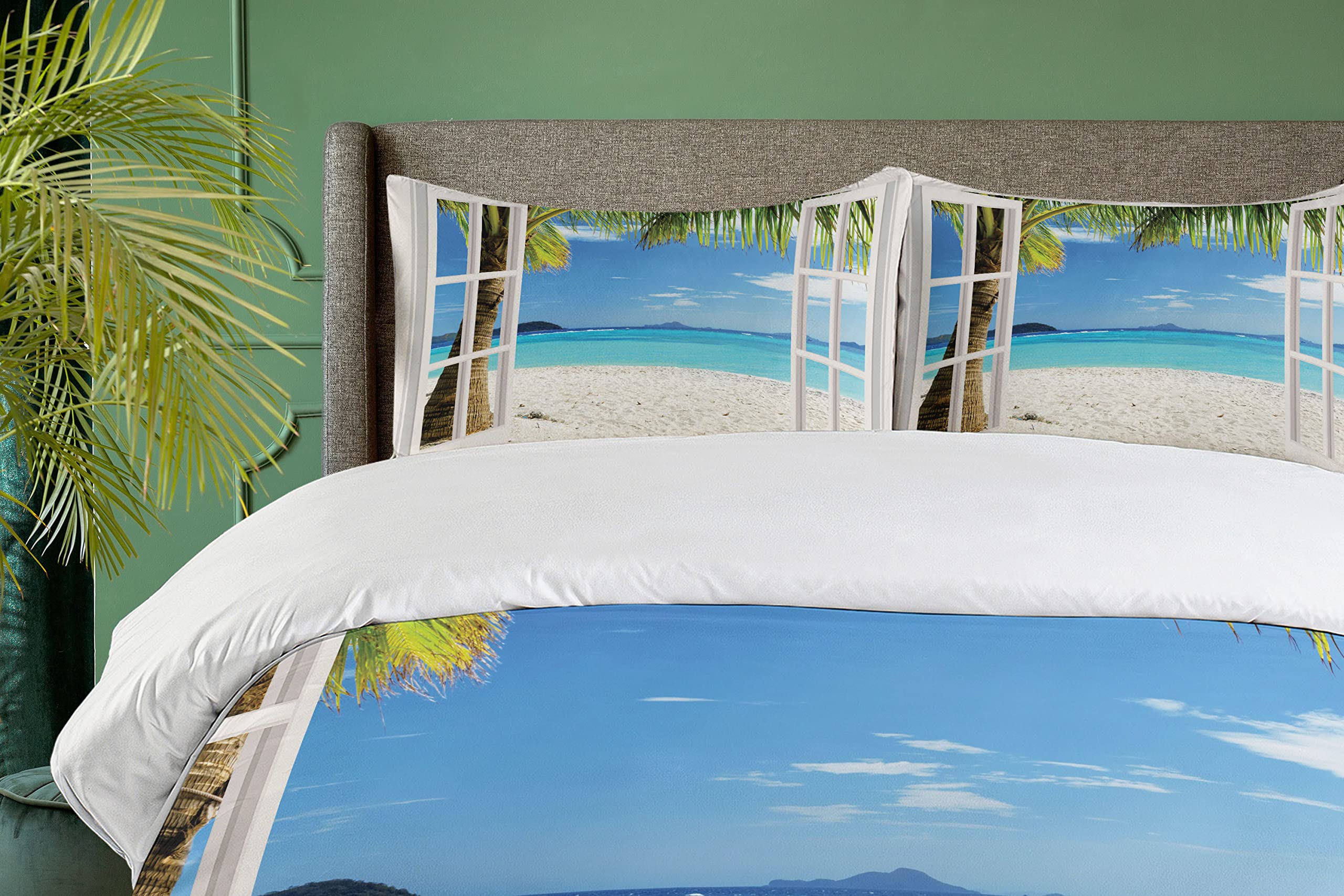 Ambesonne Turquoise Duvet Cover Set - Tropical Palm Trees Island Ocean Beach View Through White Wooden Windows - 3 Piece King Size Bedding Set with 2 Pillow Shams in White Green Blue - Perfect for Beach House Decor, Tropical Bedroom Theme & Coastal Home Styling