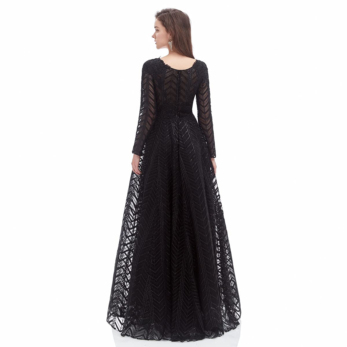 Elegant Long Sleeve Lace Evening Dress for Women - V-Neck Crystal Beaded Formal Gown for Prom, Wedding & Special Occasions