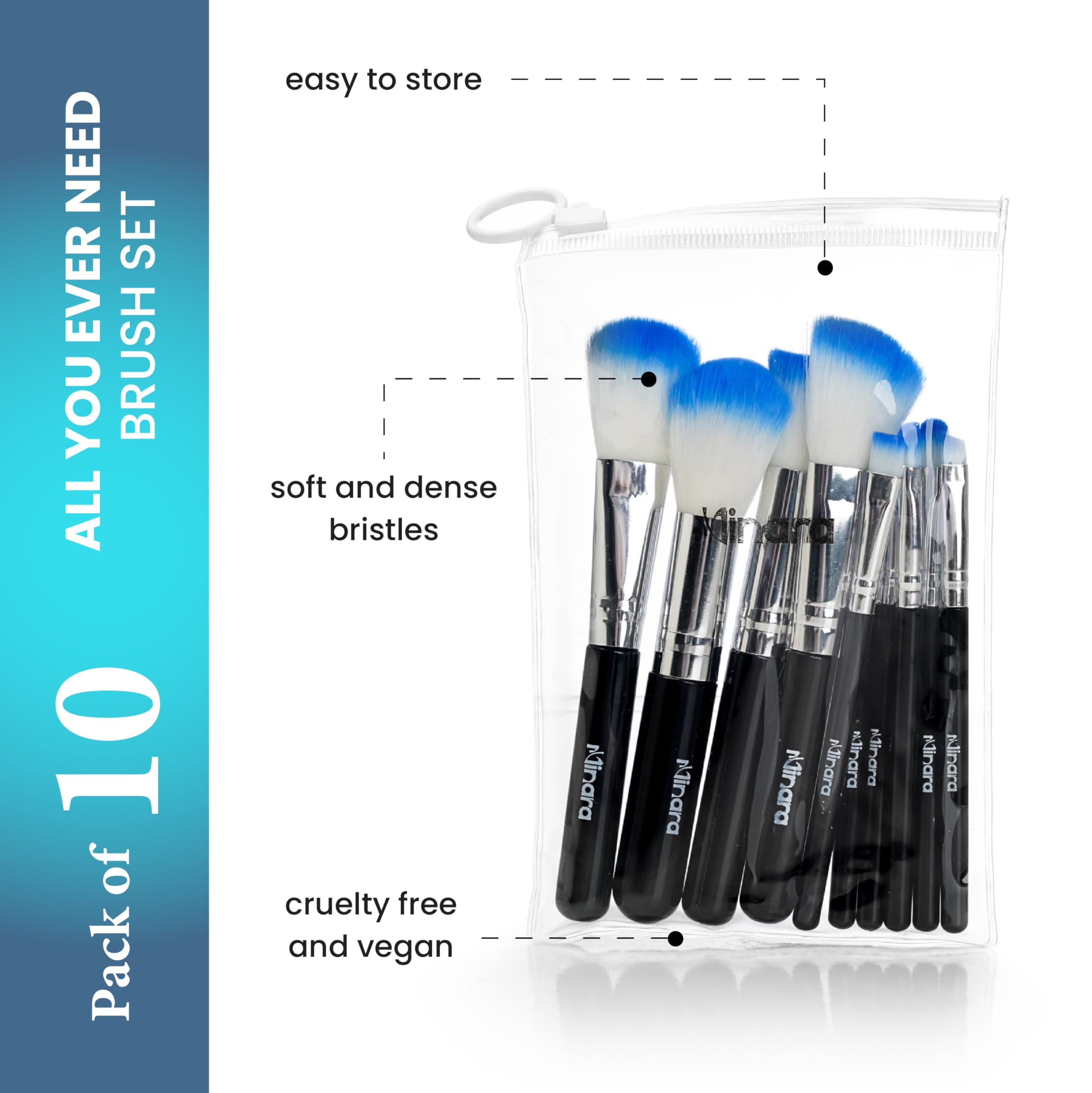 Minara 10-Piece Makeup Brush Set with Travel Pouch - Professional Foundation, Eyeshadow & Blending Brushes for Flawless Makeup Application | Perfect for Travel, Home & Professional Use | Black Cosmetic Brush Kit with Storage Case