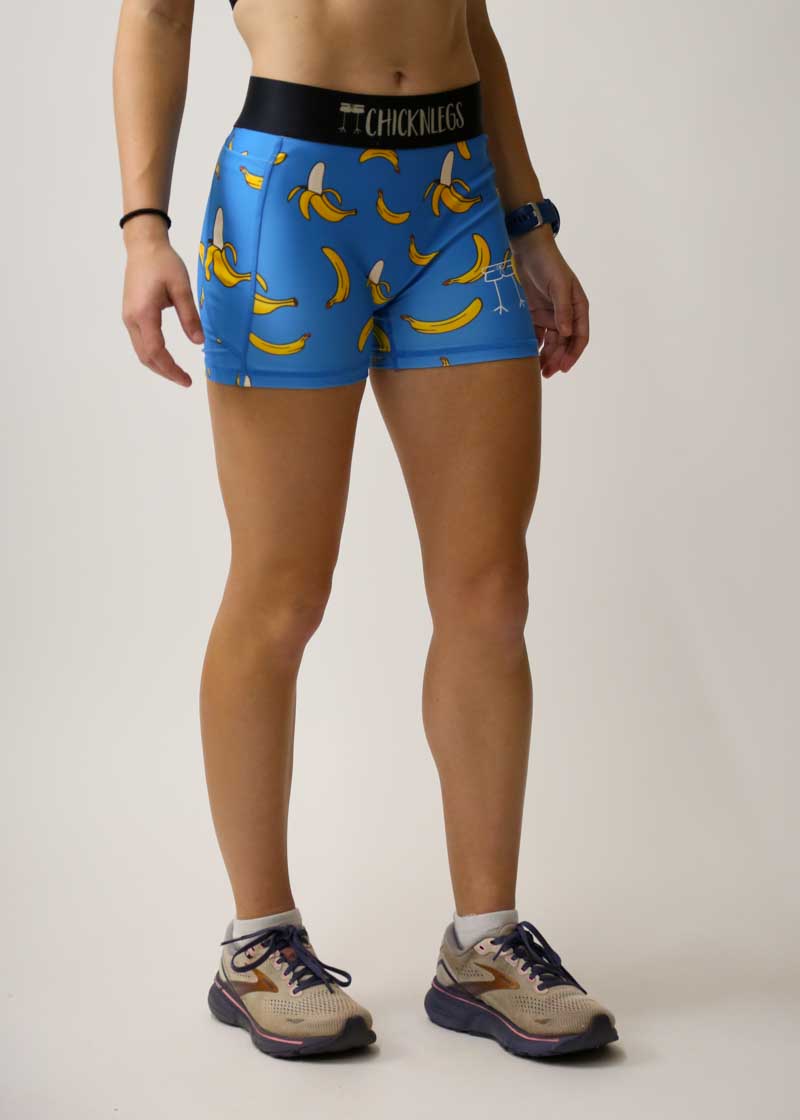 Women's High Waist Compression Shorts - 3 Pack Blue Bananas for Running, Yoga & Workout - Moisture Wicking & Breathable Activewear