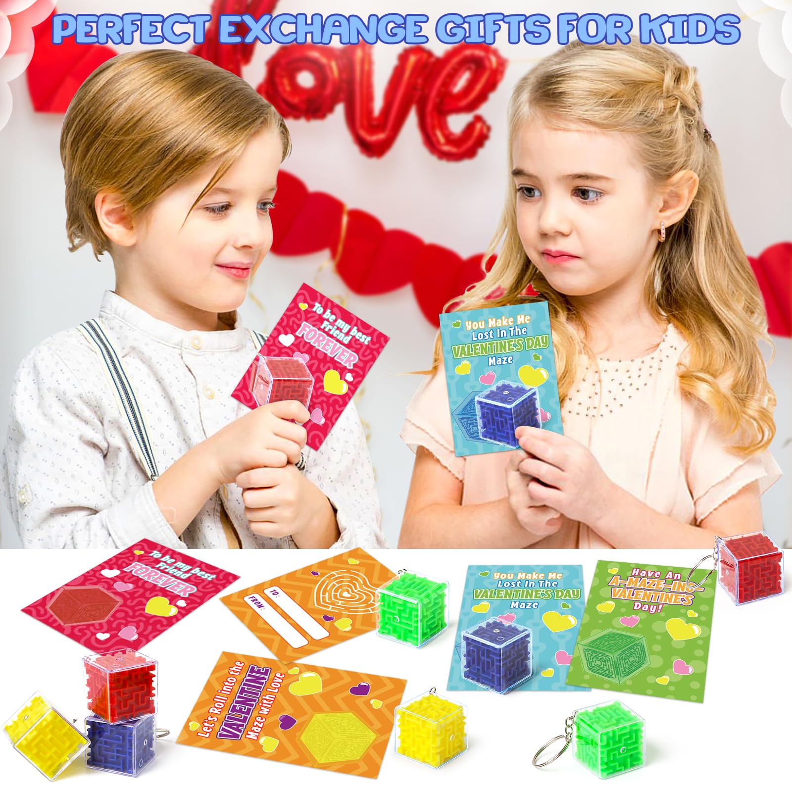 28 Pack Valentine's Day Cards for Kids with 3D Maze Puzzle Toys - Classroom Exchange Gifts, School Party Favors & Fun Keychains | Perfect for Valentine's Classroom Activities, Student Gifts & Holiday Celebrations