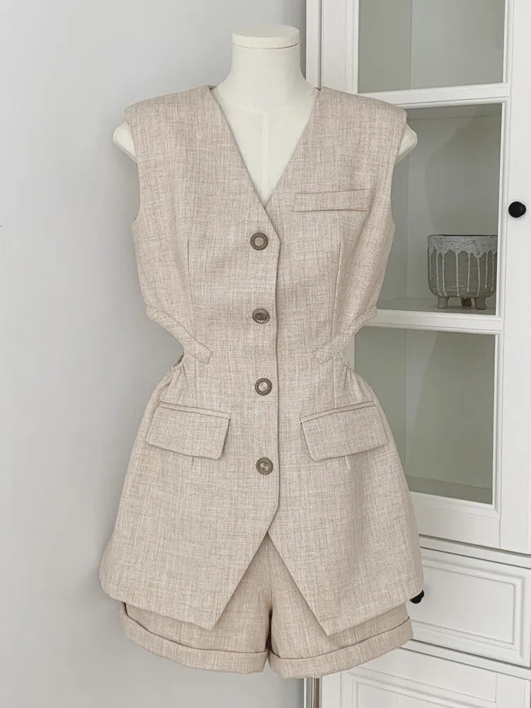 Stylish Autumn Women's 3-Piece Pant Set - English Style Blazer Coat, Vest Top & High Waist Shorts | Korean Casual Fashion Outfit for Work, Dating & Travel