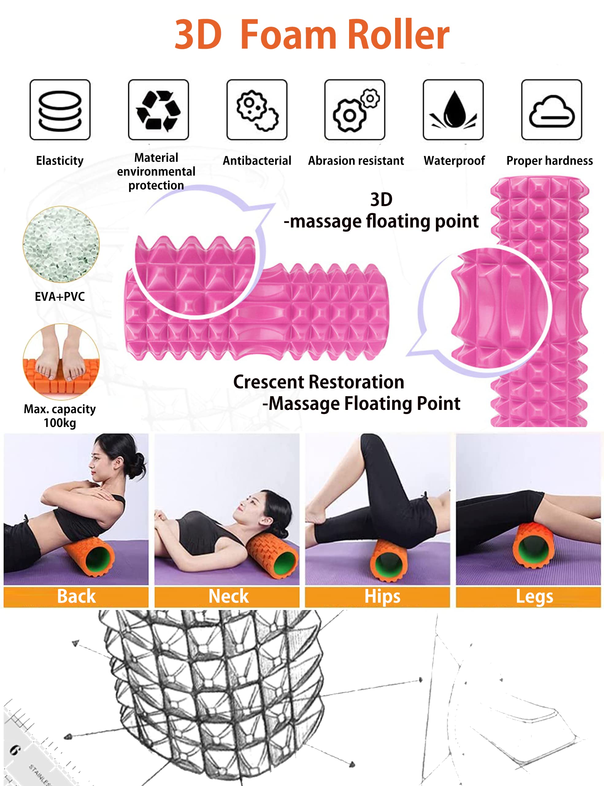 OVTSPO 6-in-1 Foam Roller Set for Deep Tissue Massage & Pain Relief - Includes Hollow Core Massage Roller, Muscle Roller Stick, Massage Ball, Stretching Strap, Resistance Bands & Storage Bag - Perfect for Back & Leg Recovery, Yoga, Gym Workouts & Home Fitness