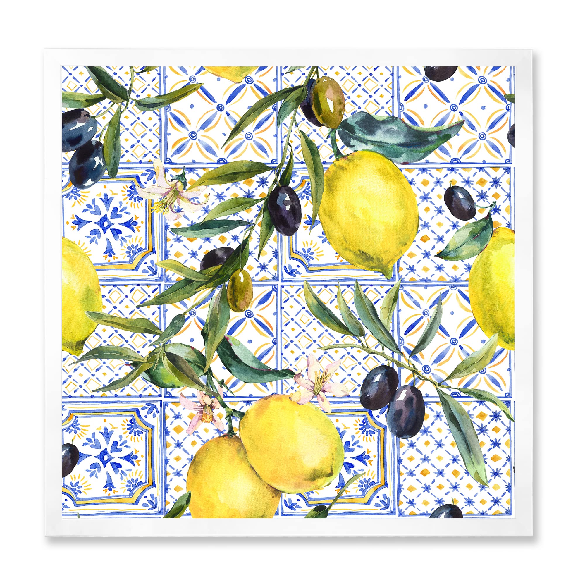 DesignQ Lemon Ornament on Blue Geometric Pattern III Tropical Framed Wall Art - Perfect for Kitchen, Bathroom, and Beach House Decor