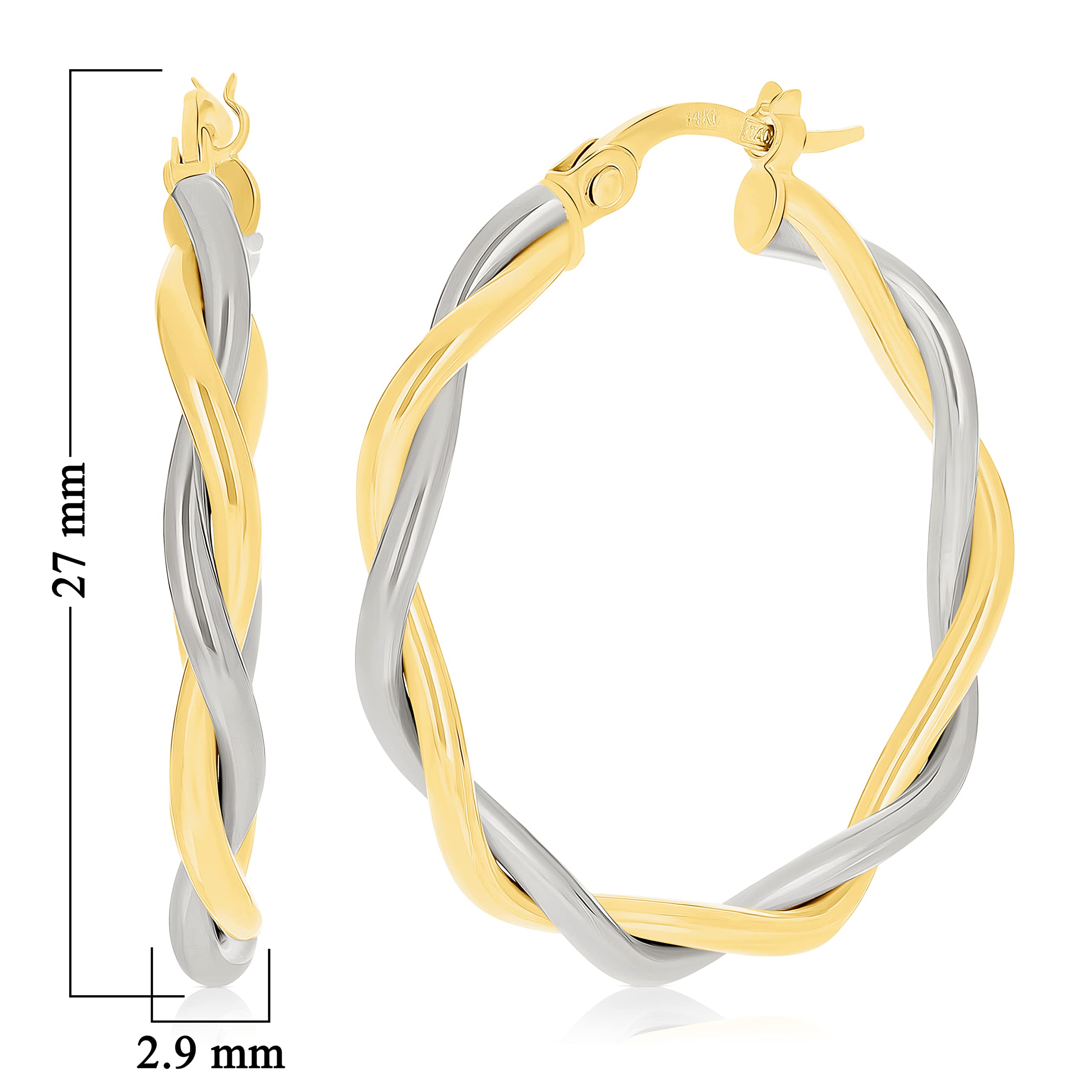 14K Italian Yellow & White Gold Twisted Hollow Hoop Earrings for Women - Medium Size Polished Elegance - Perfect for Weddings, Parties & Everyday Wear
