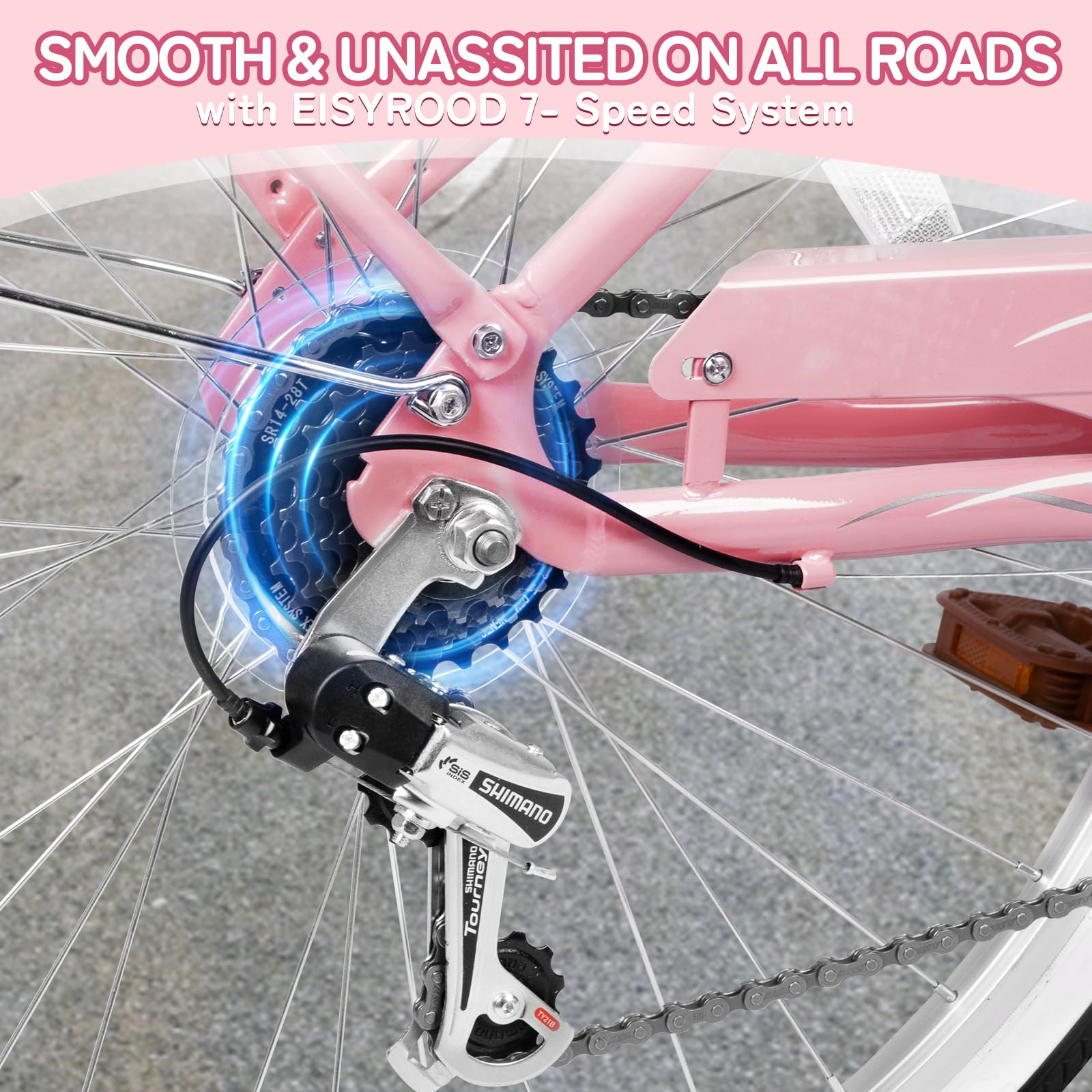 26 Inch Women's Beach Cruiser Bike - 7 Speed Hybrid Cruiser with Adjustable Seat & Anti-Skid Tires - Pink Single Bar Design with Basket - Perfect for Coastal Rides, Commuting & Leisure Cycling