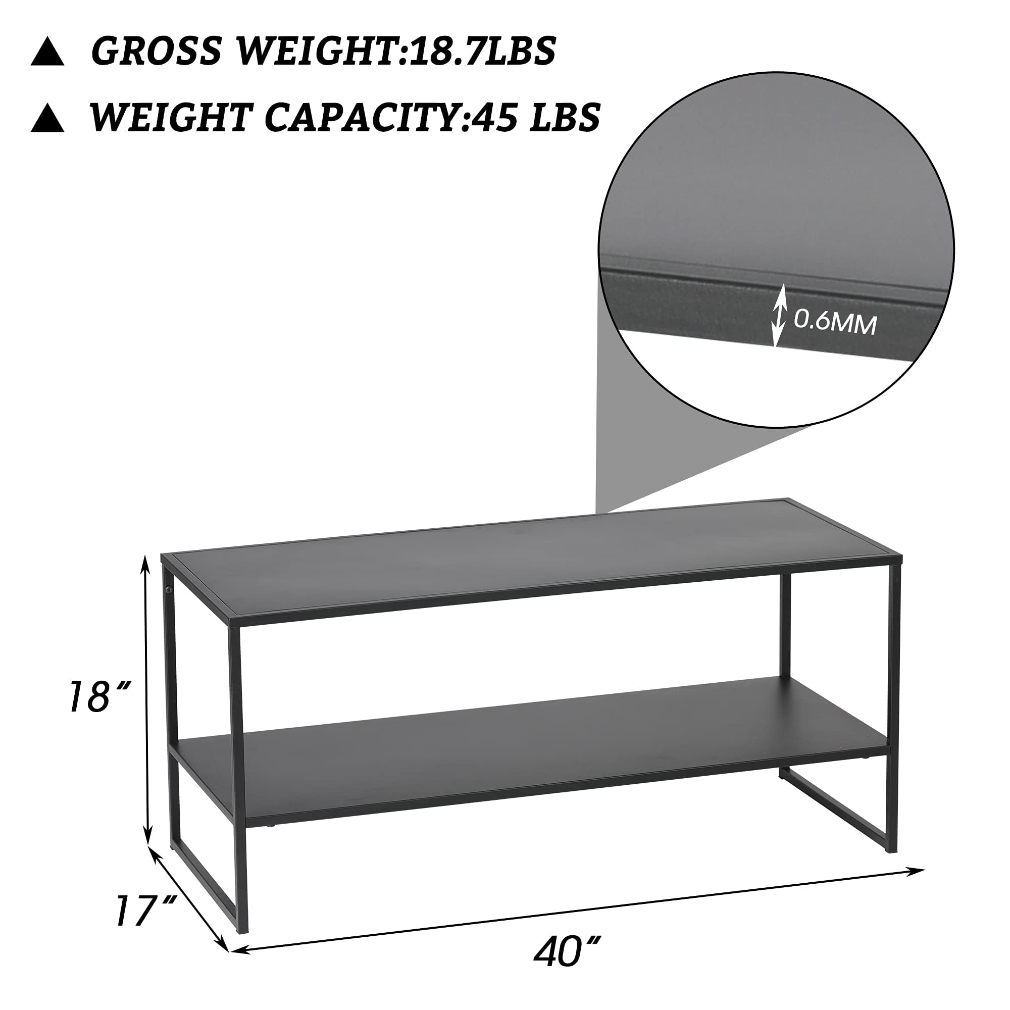 40 Inch Modern Rectangular Coffee Table with 2-Tier Shelf - Black Living Room Accent Table with Sturdy Metal Legs | Perfect for Small Spaces, Apartments & Lounge Areas