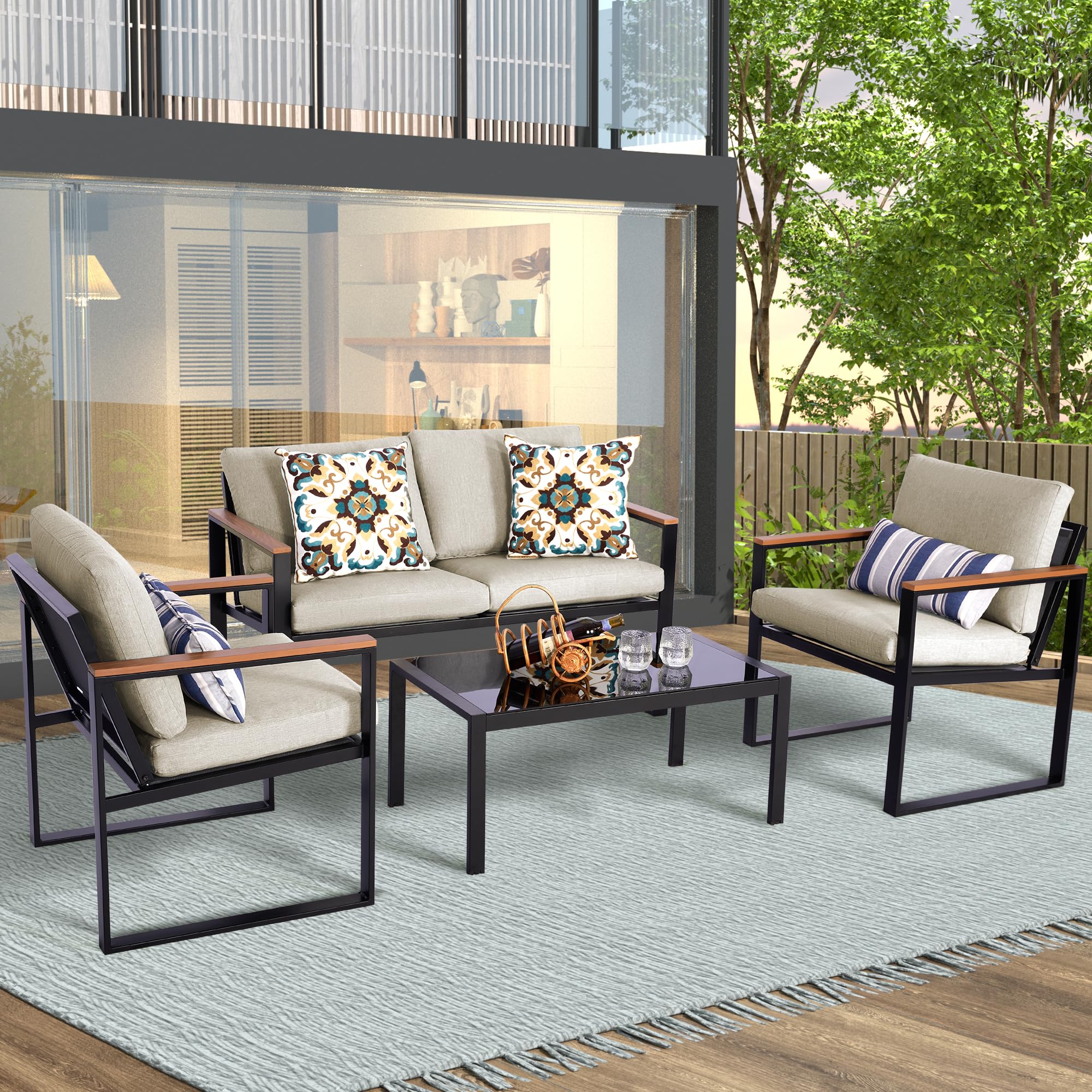 4-Piece Patio Furniture Set - Metal Outdoor Sectional Conversation Set with Wooden Anti-Scald Armrests & Sling Mesh - Includes 4