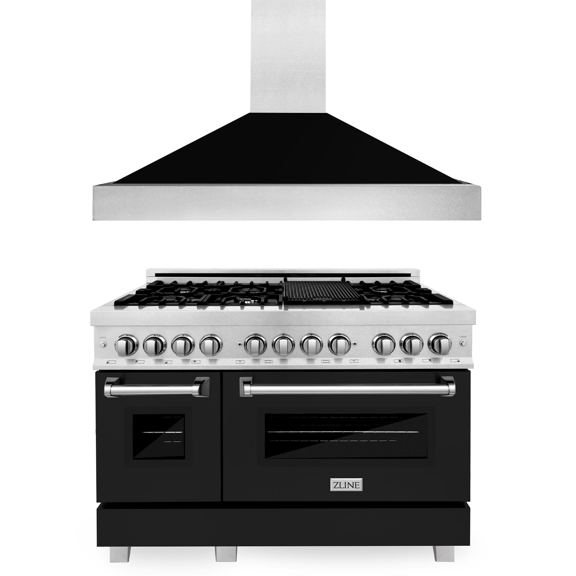 ZLINE 48-inch Professional Kitchen Package - Dual Fuel Range with Satin Stainless Steel Finish & Black Matte Door + Convertible Vent Hood | Perfect for Home Chefs & Modern Kitchens