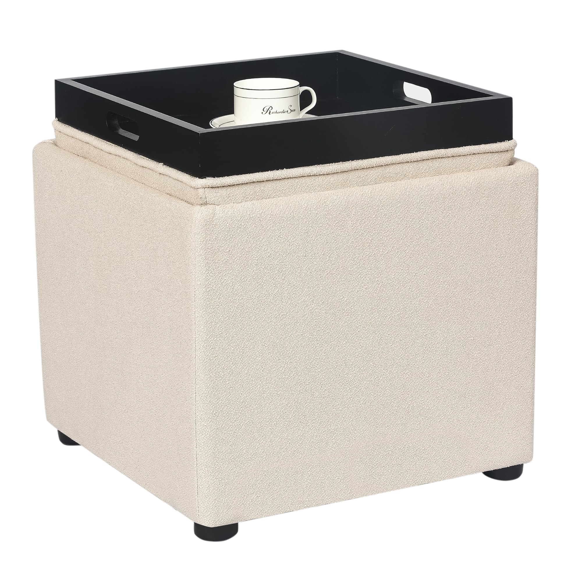 Joveco Small Square Storage Ottoman with Removable Tray - Beige Linen Foot Rest Stool, Coffee Table & Organizer for Living Room, Bedroom, Dorm | Perfect for Extra Seating & Hidden Storage in Small Spaces