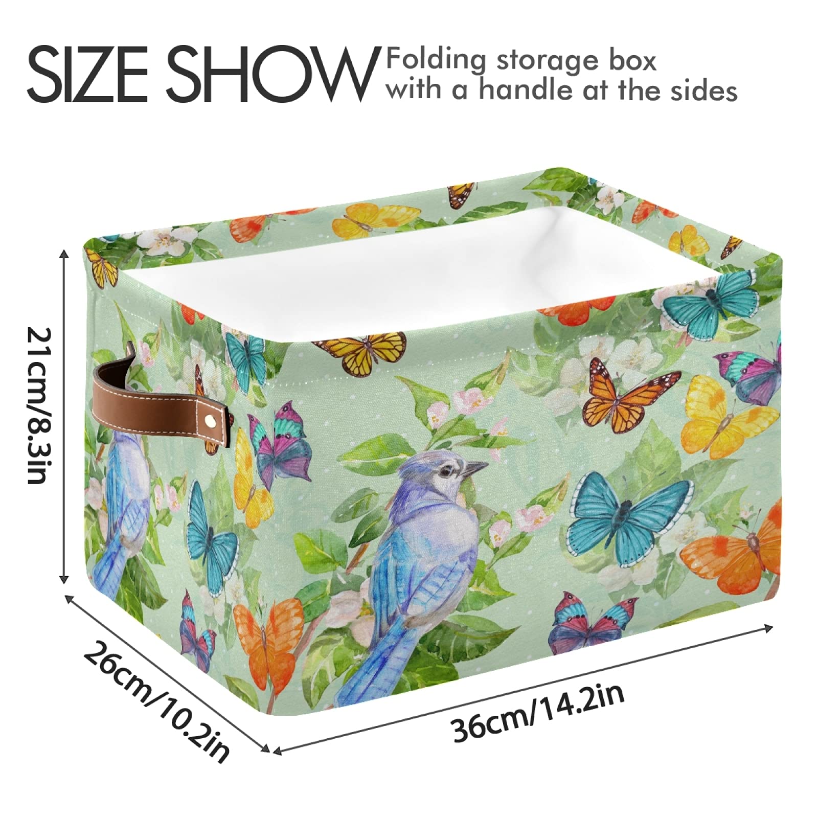 Collapsible Storage Basket with PU Handles - Waterproof Nursery & Laundry Organizer (2 Pack) | Butterfly & Bird Design in Turquoise | Perfect for Baby Rooms, Bathrooms & Closet Organization
