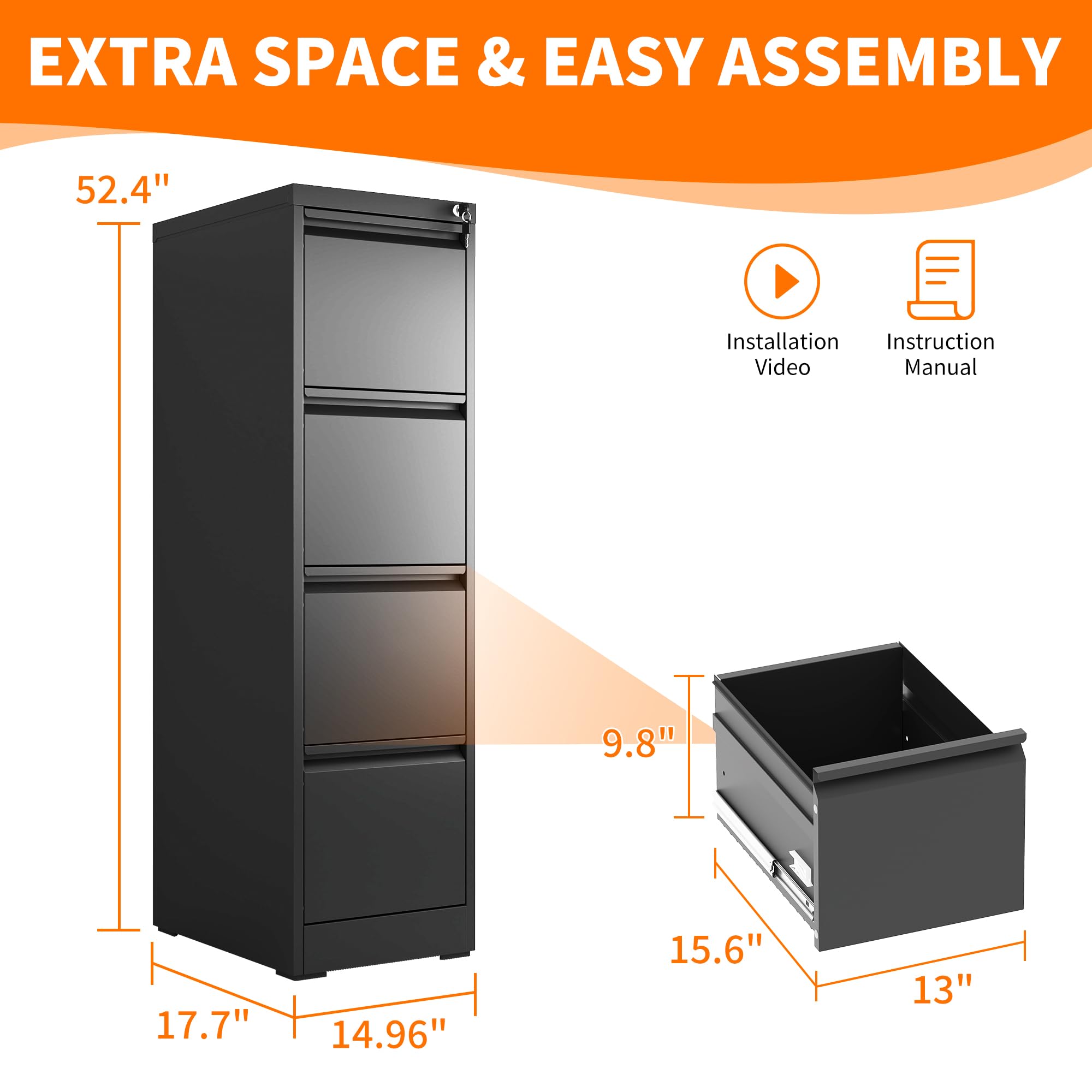Heavy Duty Metal File Cabinet with Locking Drawer - Steel Vertical Filing Cabinet for Legal & Letter Size Documents - Perfect for Home Office, Business & School Organization