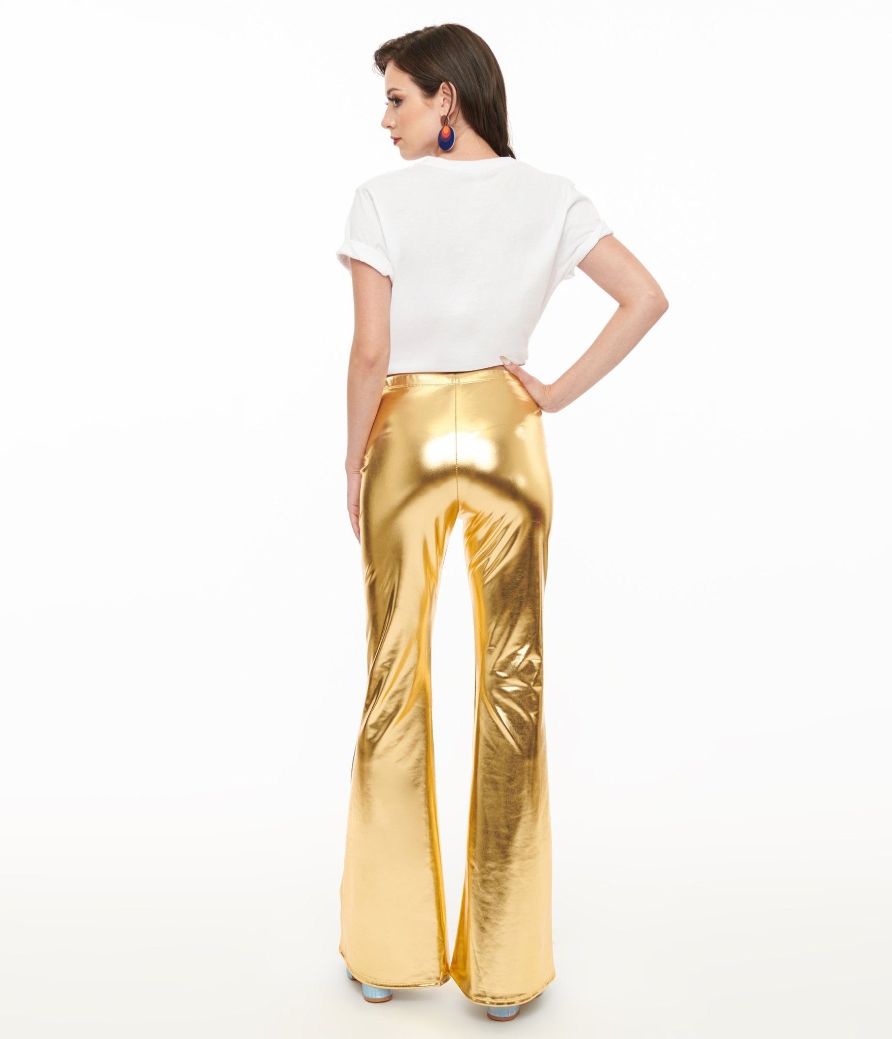 1970s Gold Palazzo Flare Pants for Women - Vintage High Waisted Wide Leg Trousers - Perfect for Retro Parties & Boho Fashion Outfits